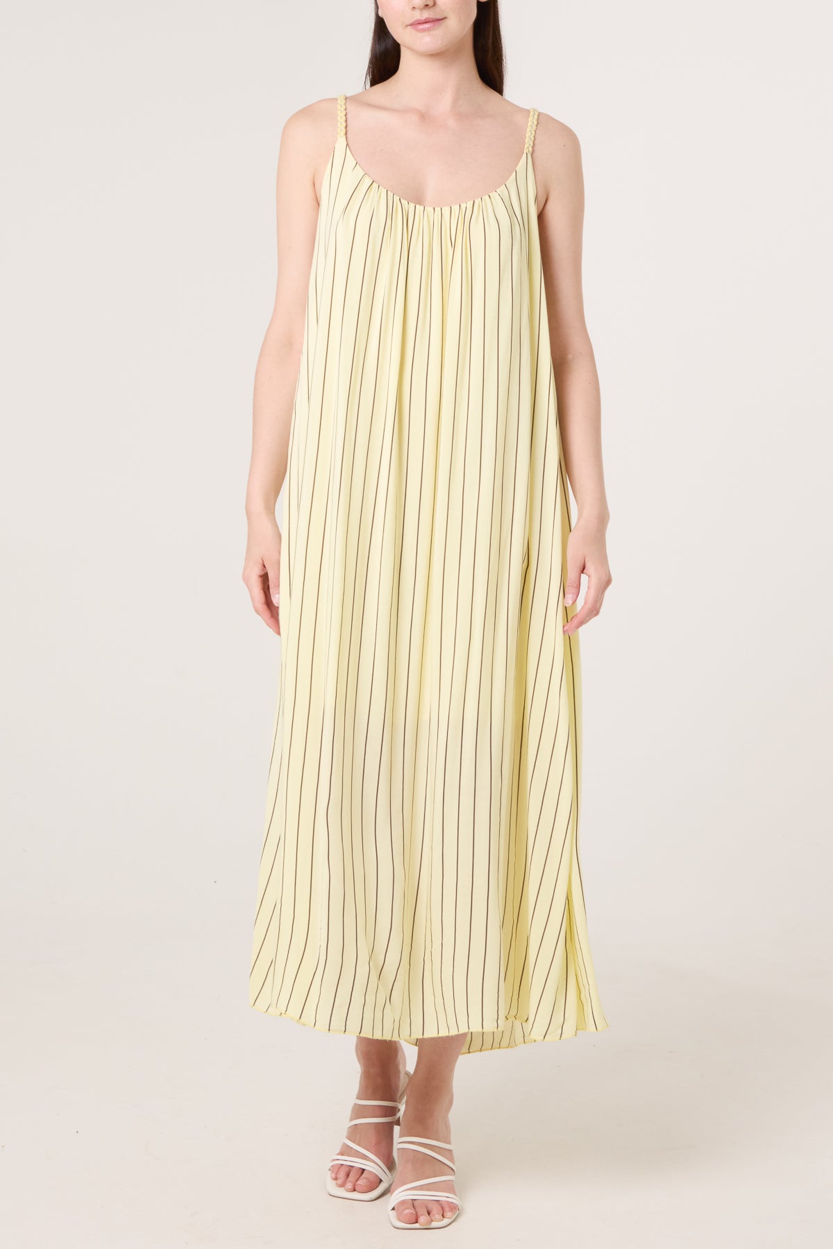 Braided Strap Vertical Stripe Midi Dress