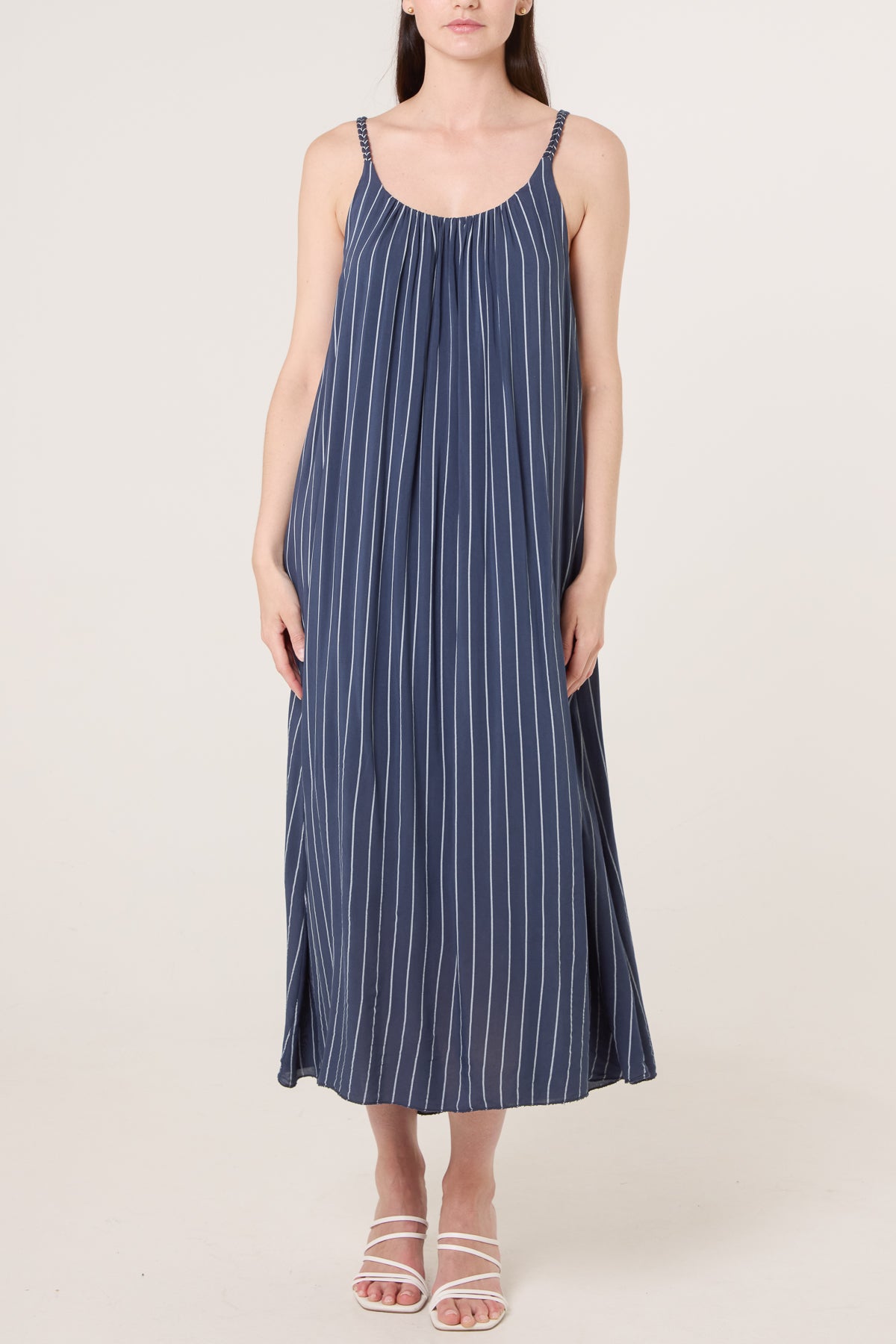 Braided Strap Vertical Stripe Midi Dress