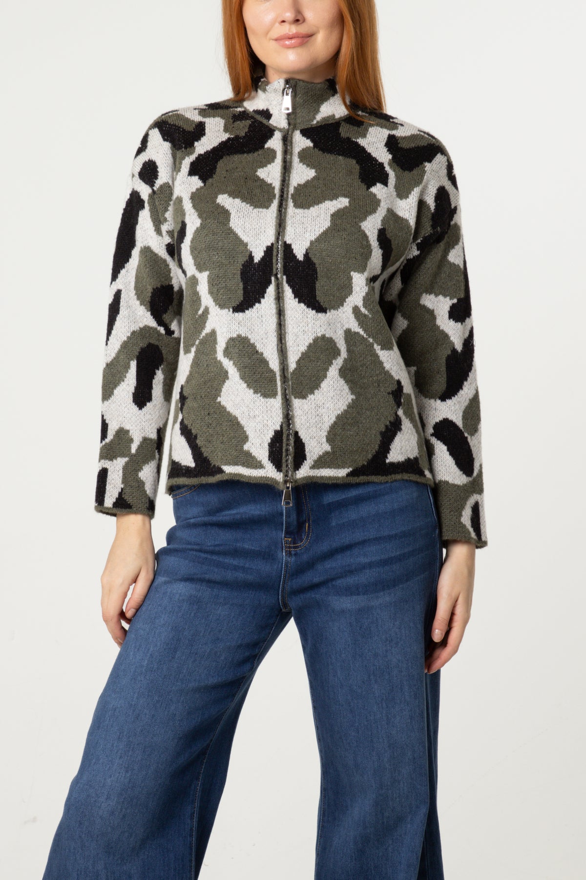Camouflage Zip-Through Knit Cardigan