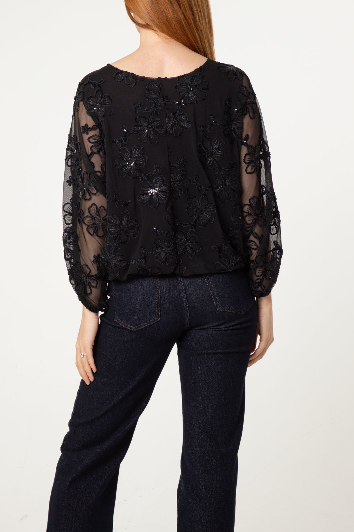 Embellished Floral Mesh Ballon Sleeve Blouse