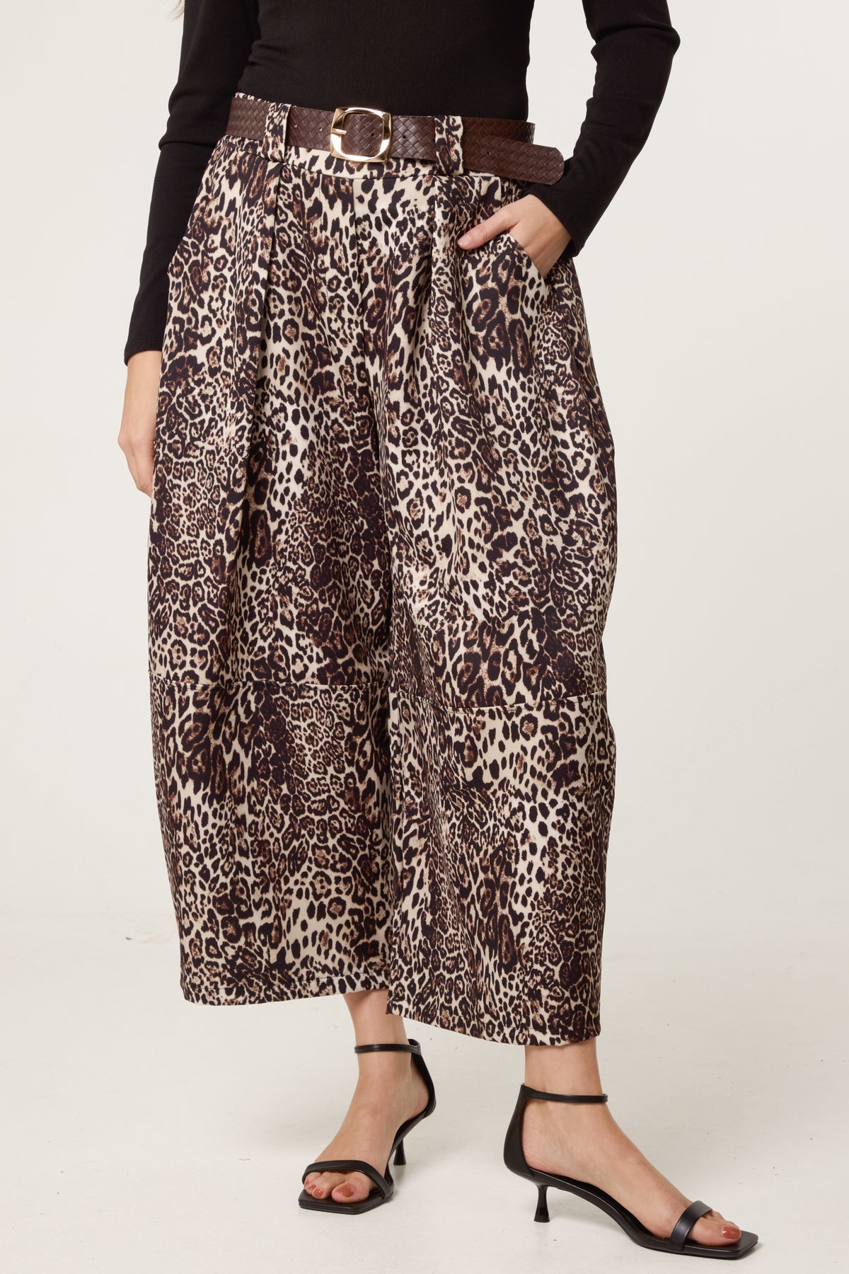 Leopard Print Belted Wide Leg Trousers