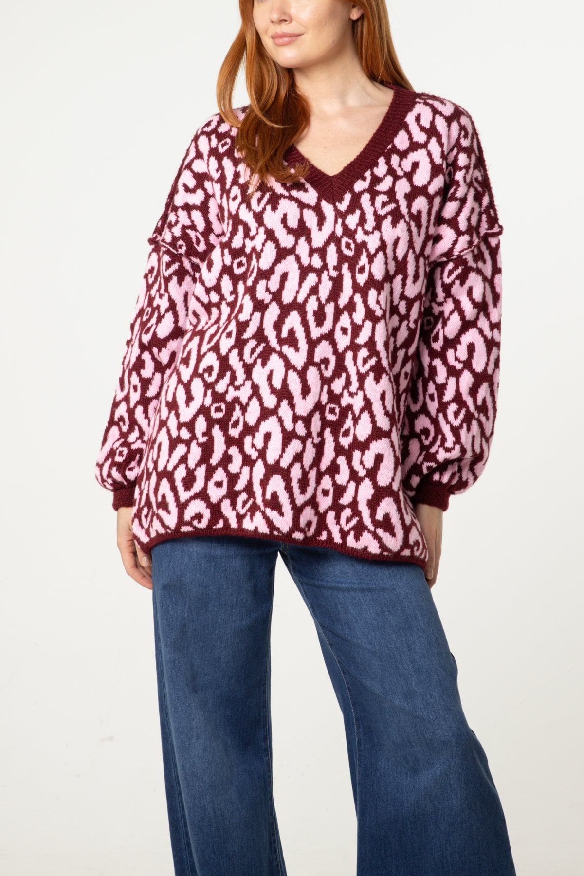 Oversized V-Neck Leopard Knit Jumper