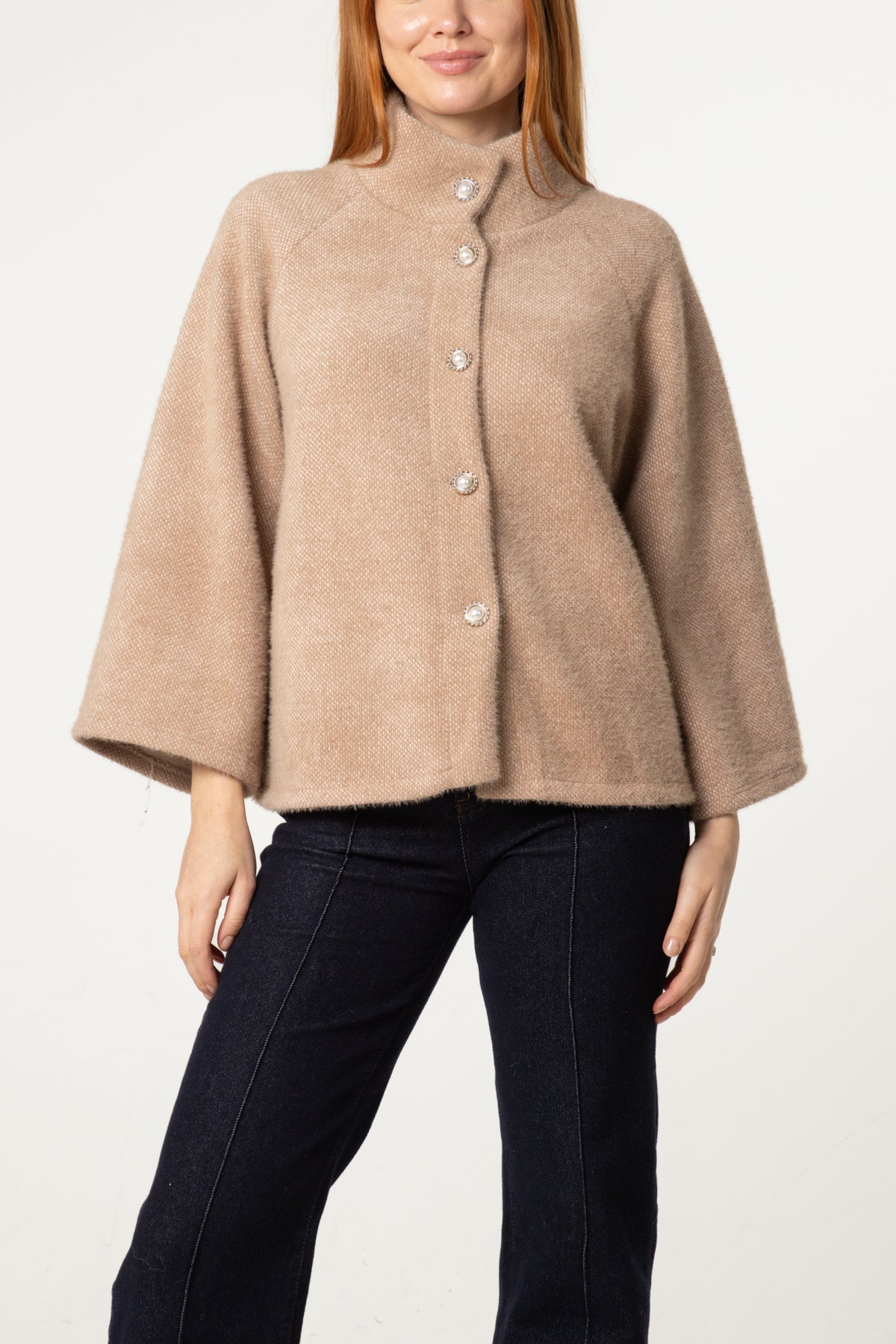 Pearl Button Funnel Neck Knit Cardigan
