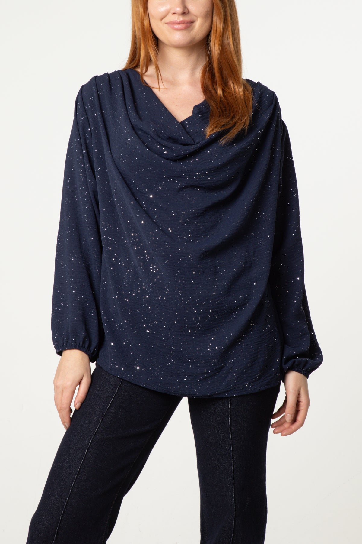 Metallic Glitter Cowl Neck Blouse