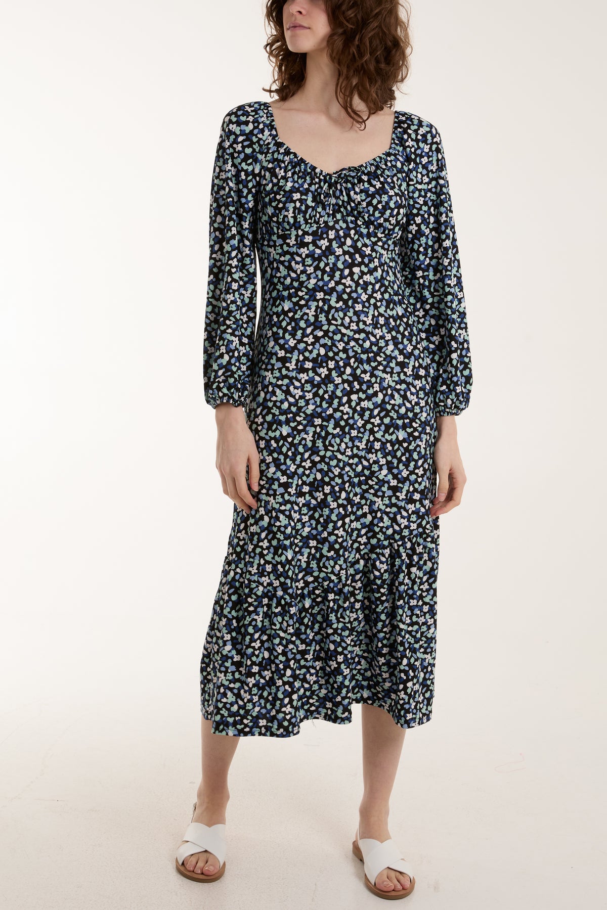 Sweetheart Neckline Ditsy Floral Stretch Midi Dress