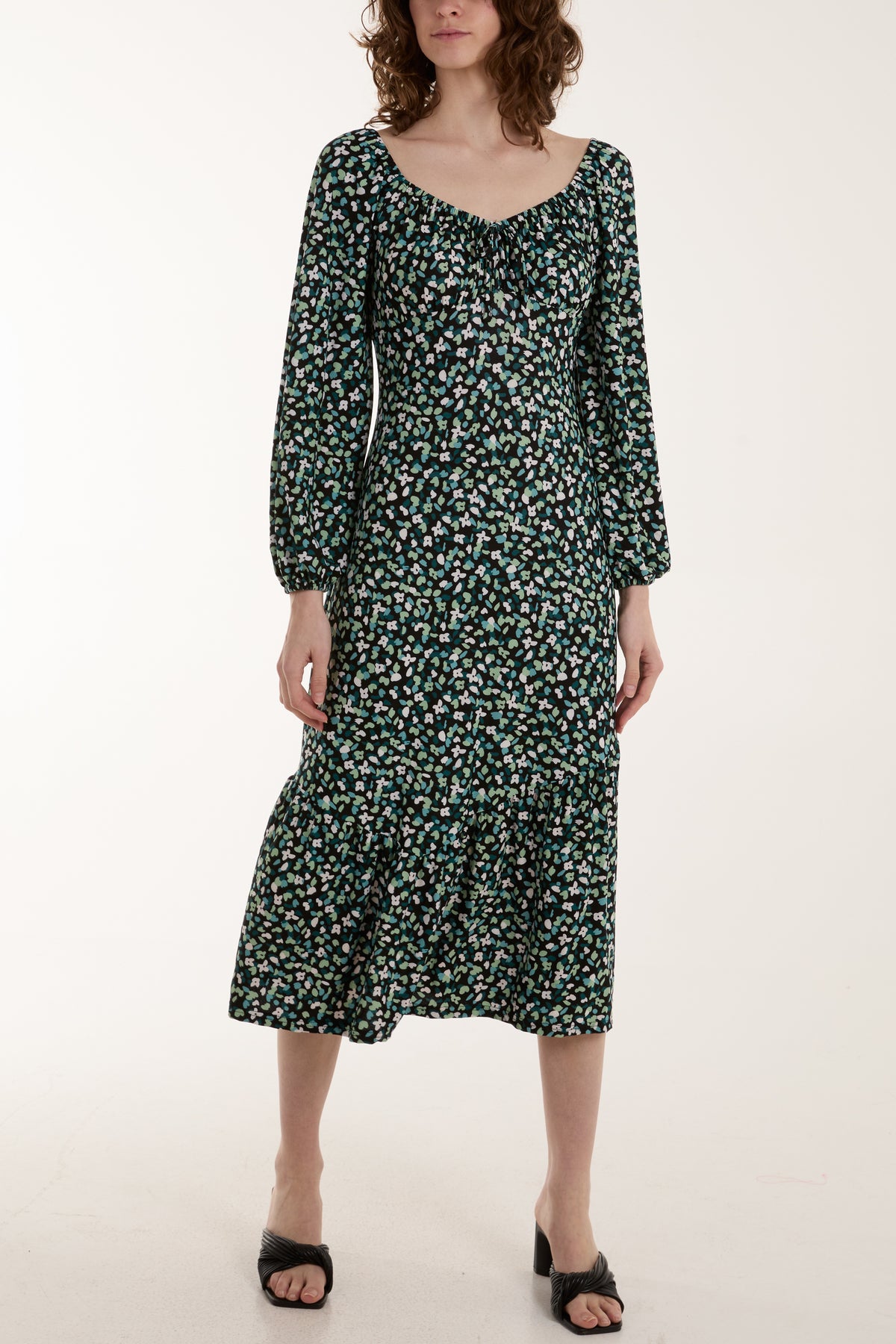 Sweetheart Neckline Ditsy Floral Stretch Midi Dress