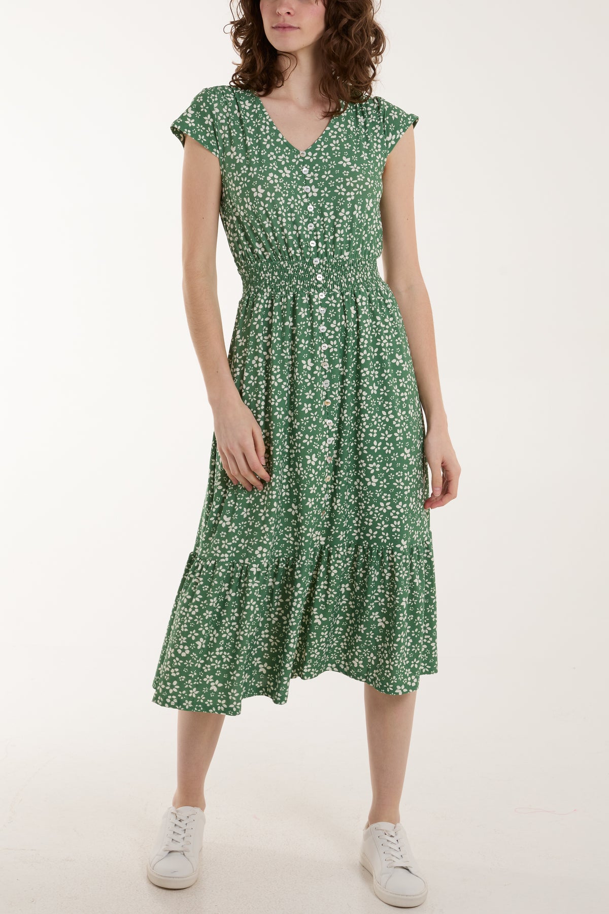 Button Through Ditsy Floral Stretch Midi Dress