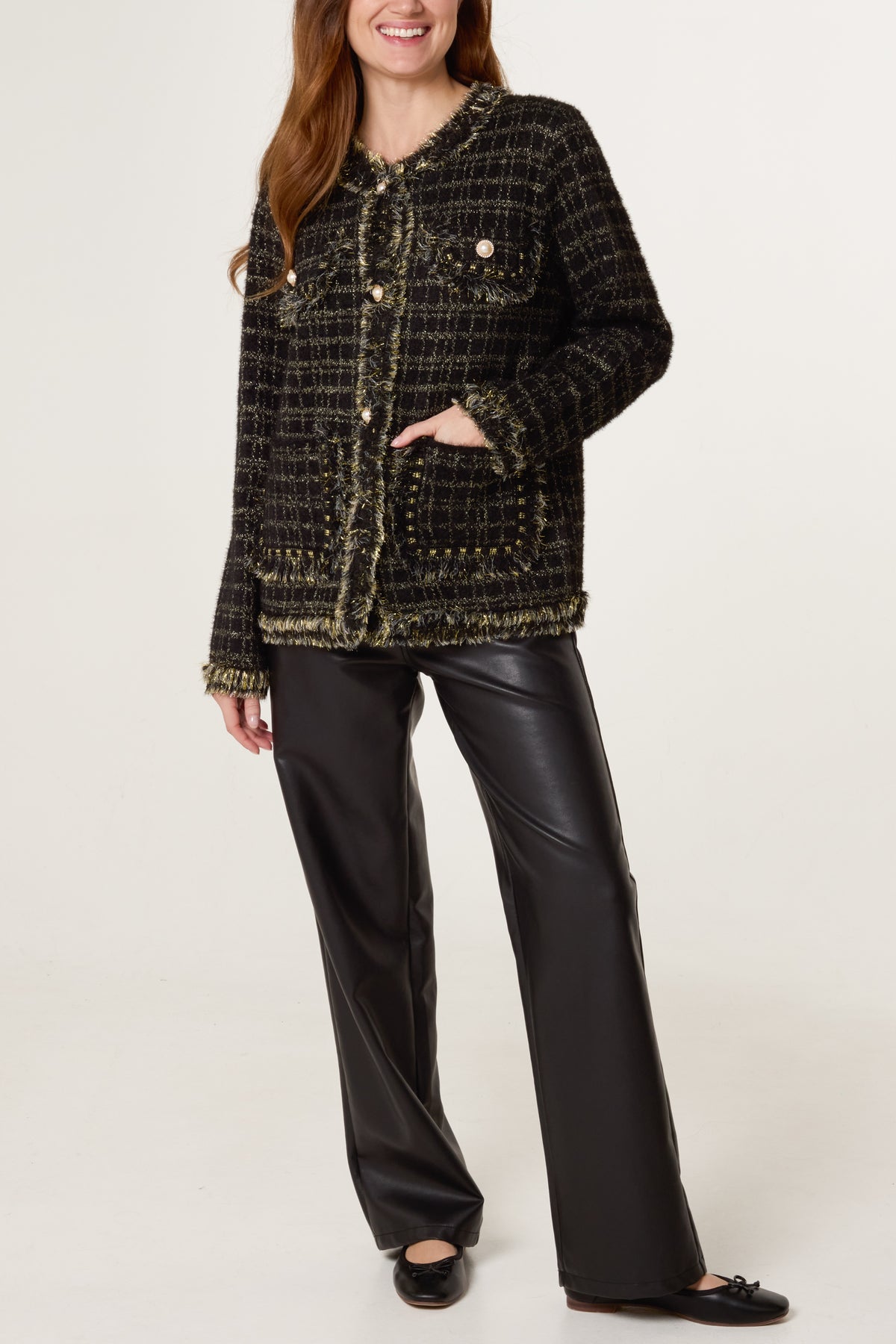 Fluffy Sparkle Knit Pearl Pocket Cardigan