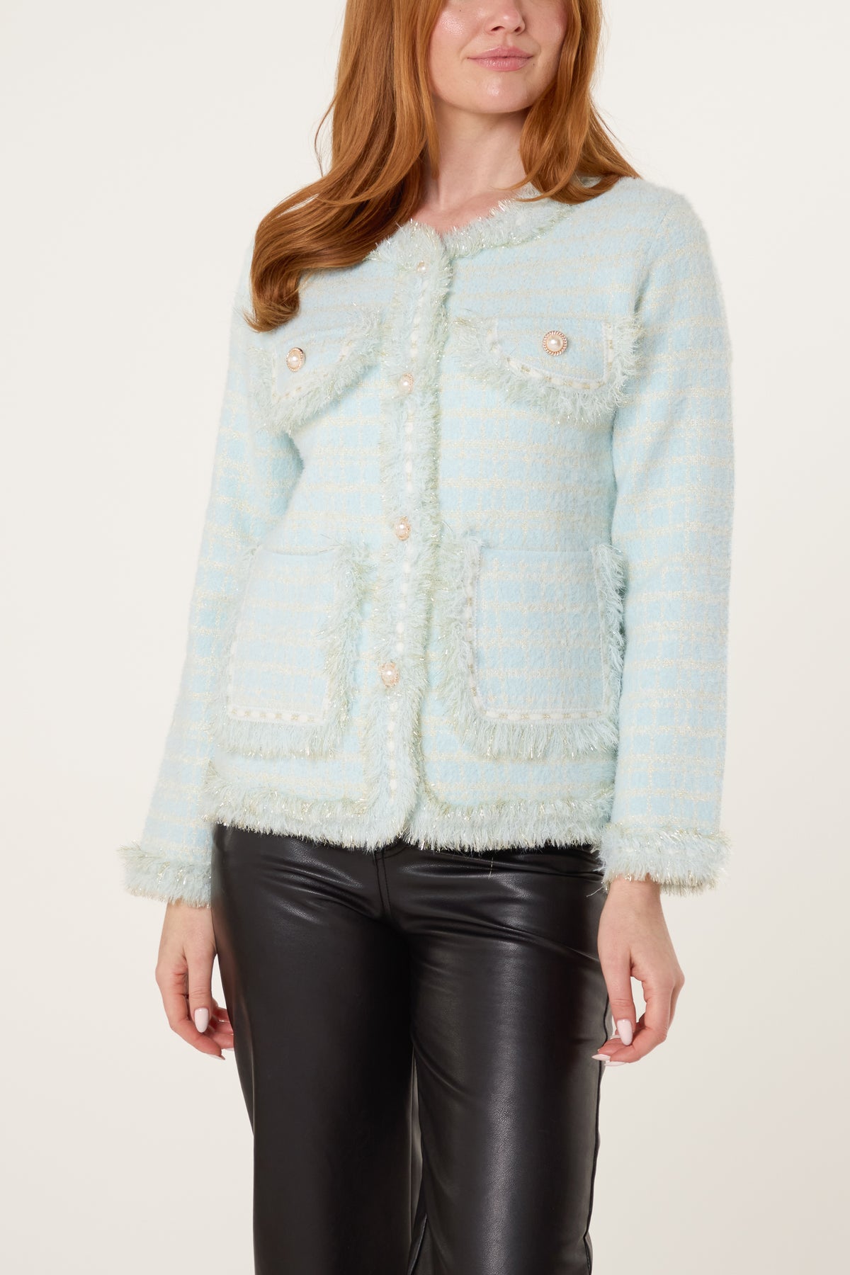 Pearl Button Check Knit Cardigan