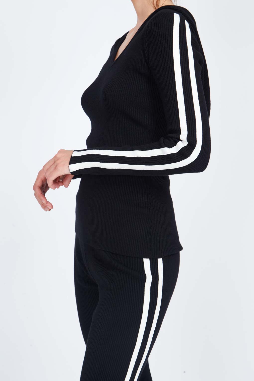 V-Neck Hoodie & Stripe Leggings Set