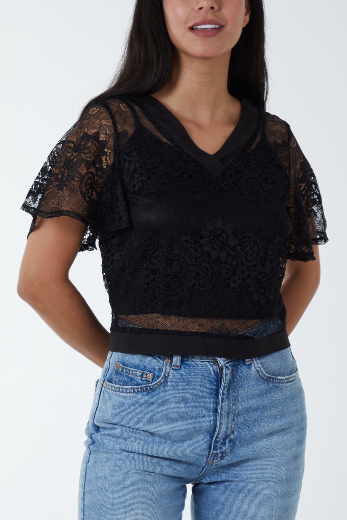 V Neck Cape Sleeve Lace Top