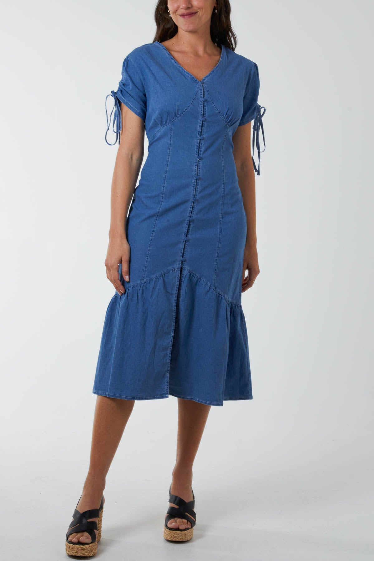 Button Down Drop Hem Denim Midi Dress