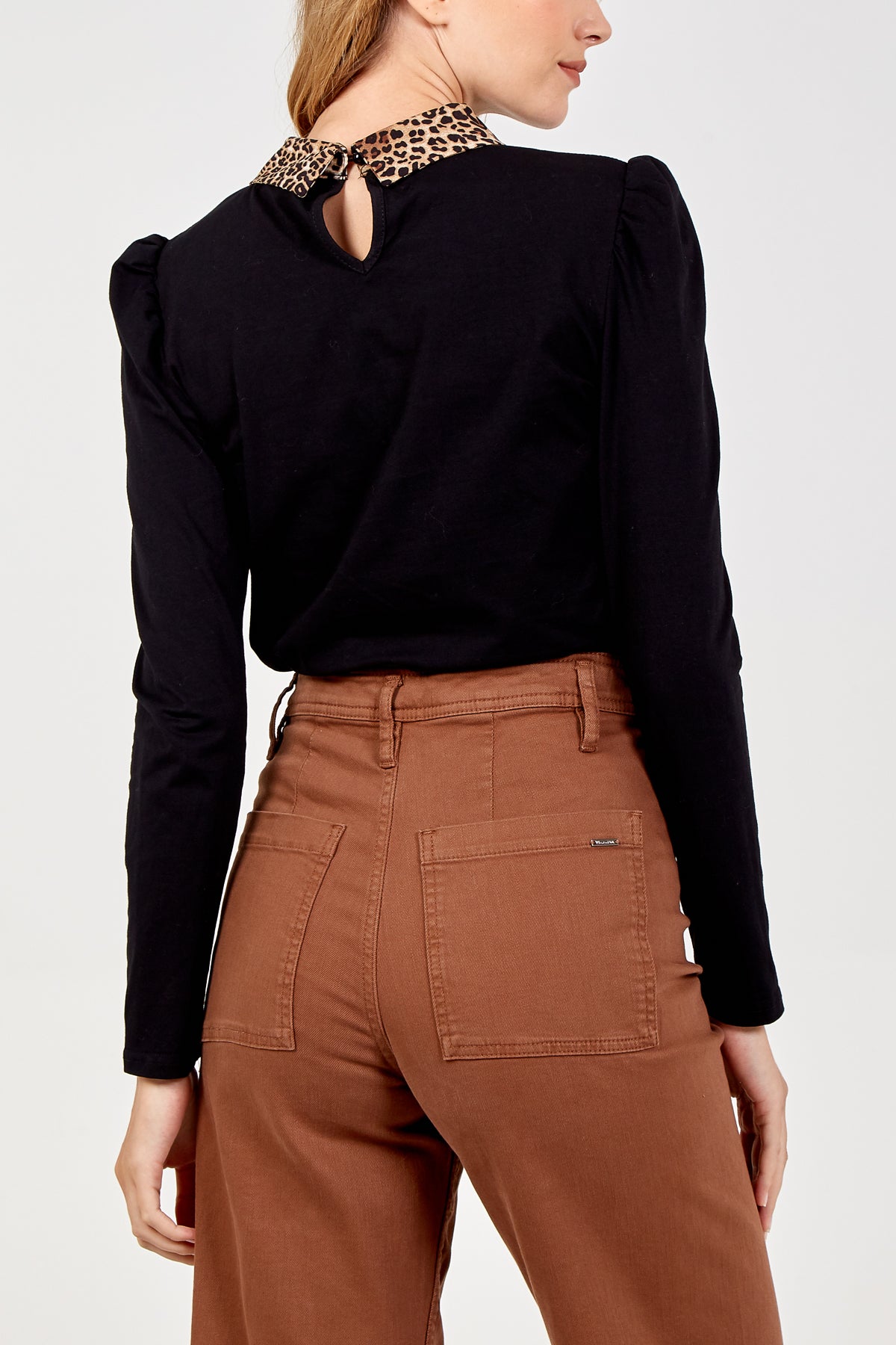 Leopard & Diamante Collar Puff Sleeve Top