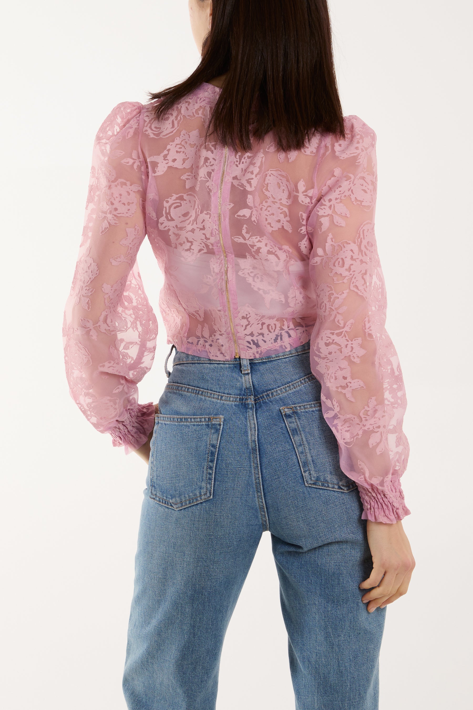 Zip Through Floral Mesh Blouse