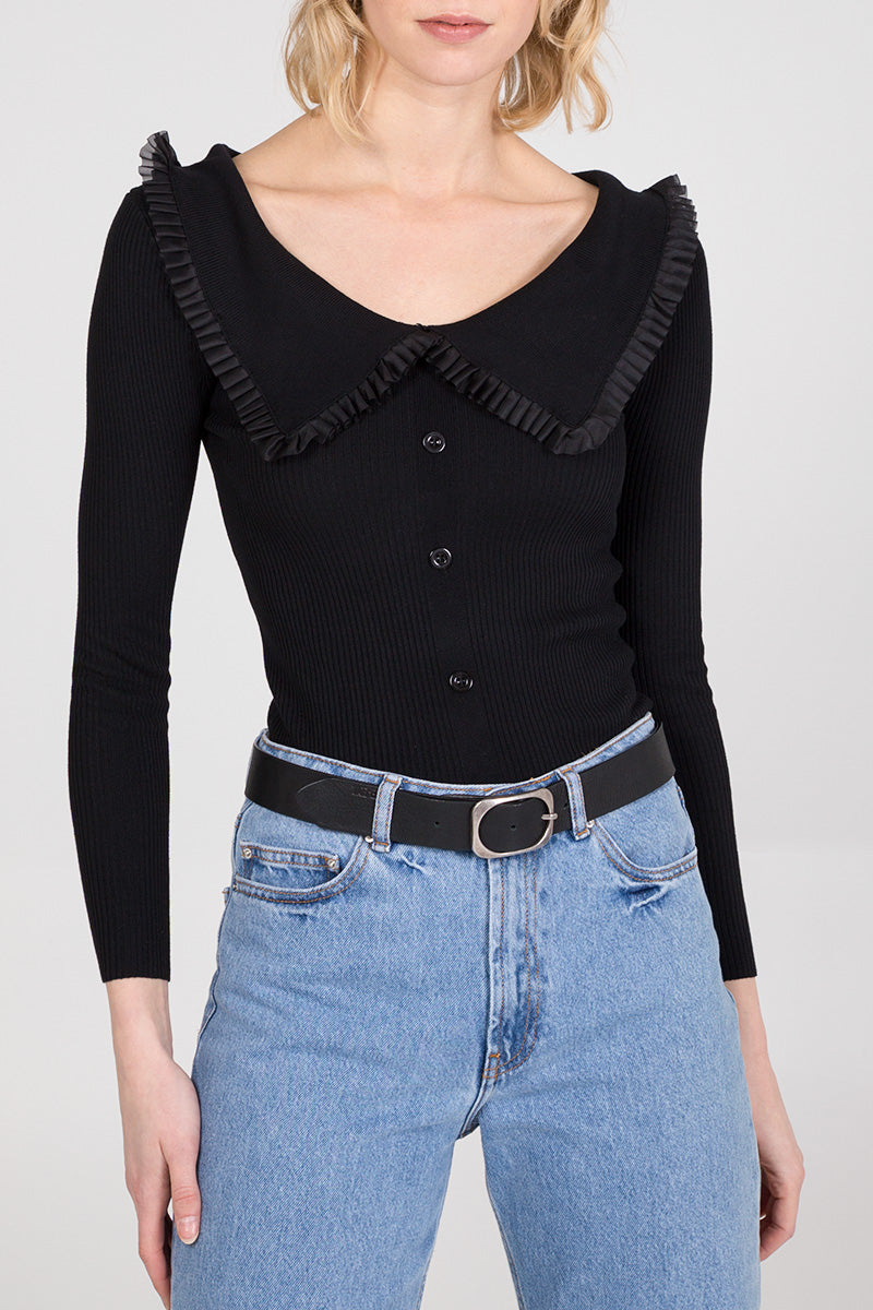 Scoop Ruffle Collar Button Through Top