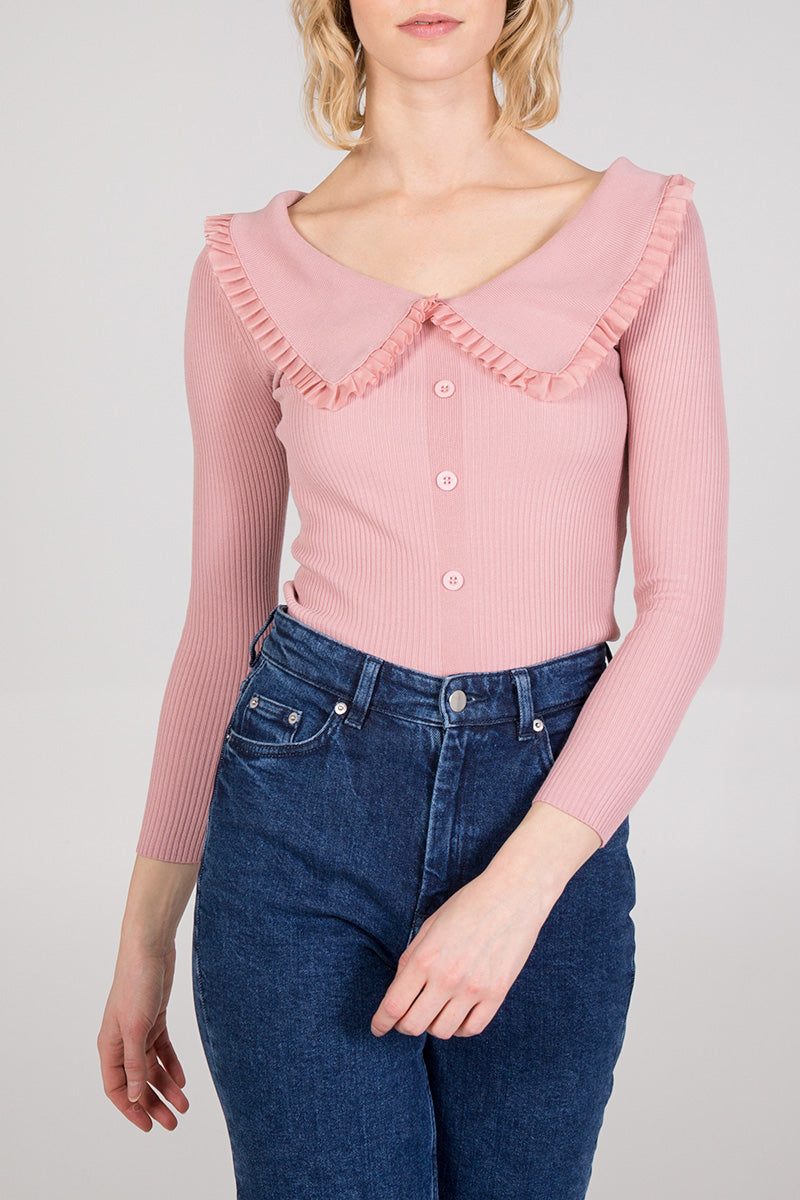 Scoop Ruffle Collar Button Through Top