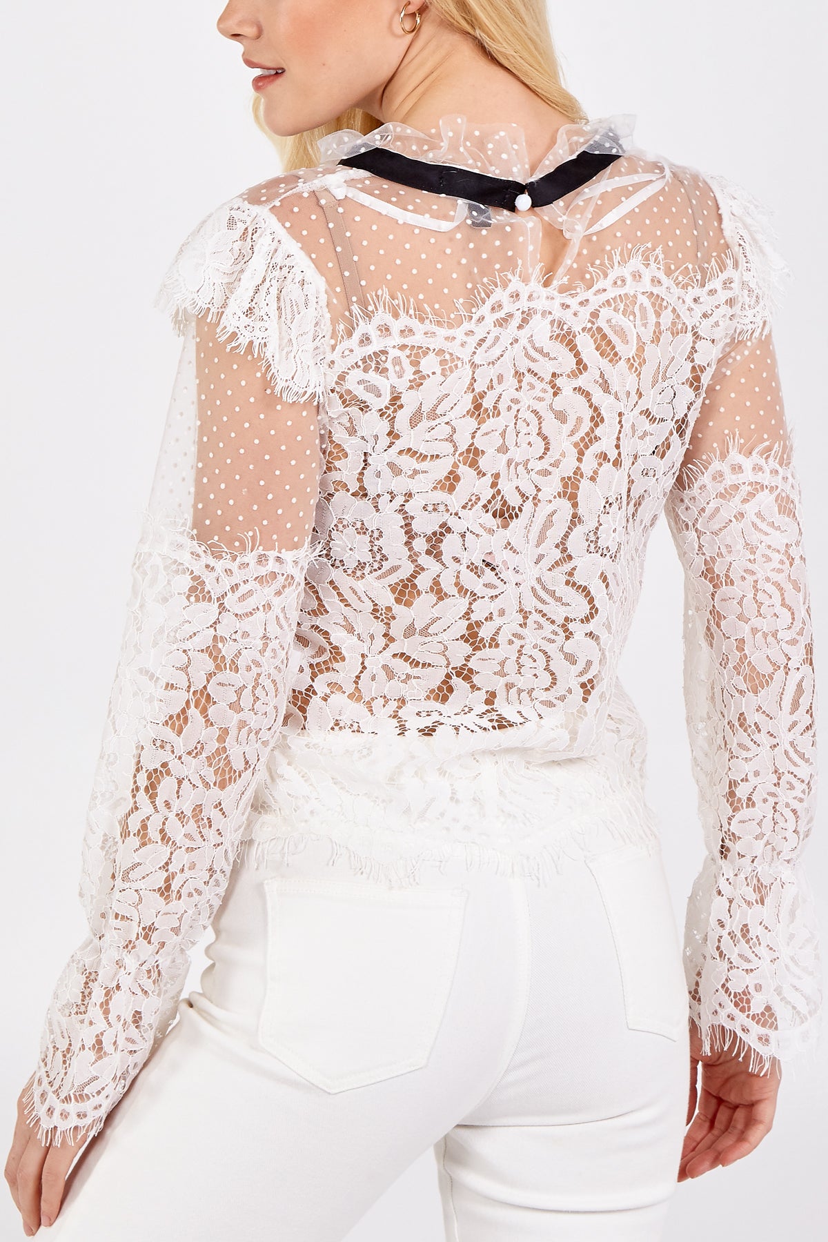 Tie Neck Long Sleeve Lace Top