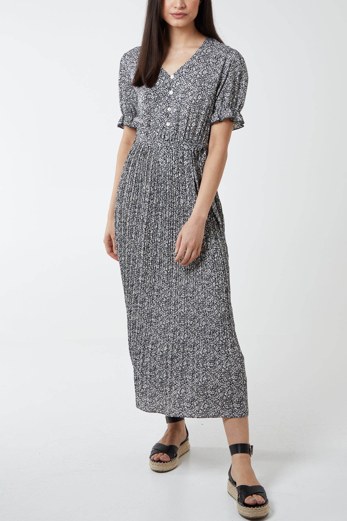 Frill Sleeve Ditsy Pleated Dress