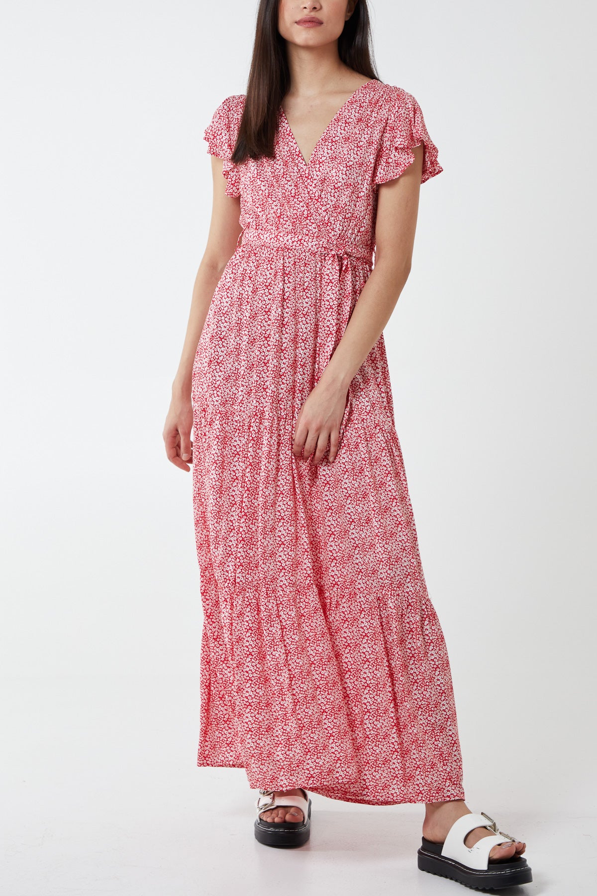 Wrap Front Frill Sleeve Tiered Maxi Dress
