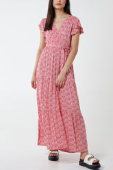 Wrap Front Frill Sleeve Tiered Maxi Dress