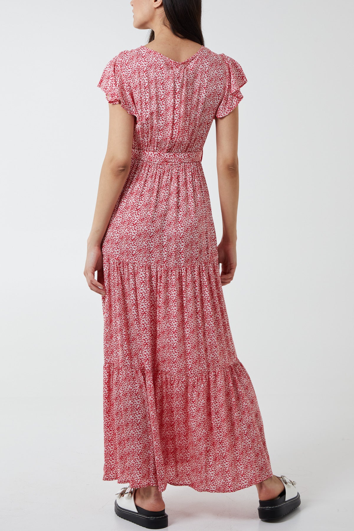 Wrap Front Frill Sleeve Tiered Maxi Dress