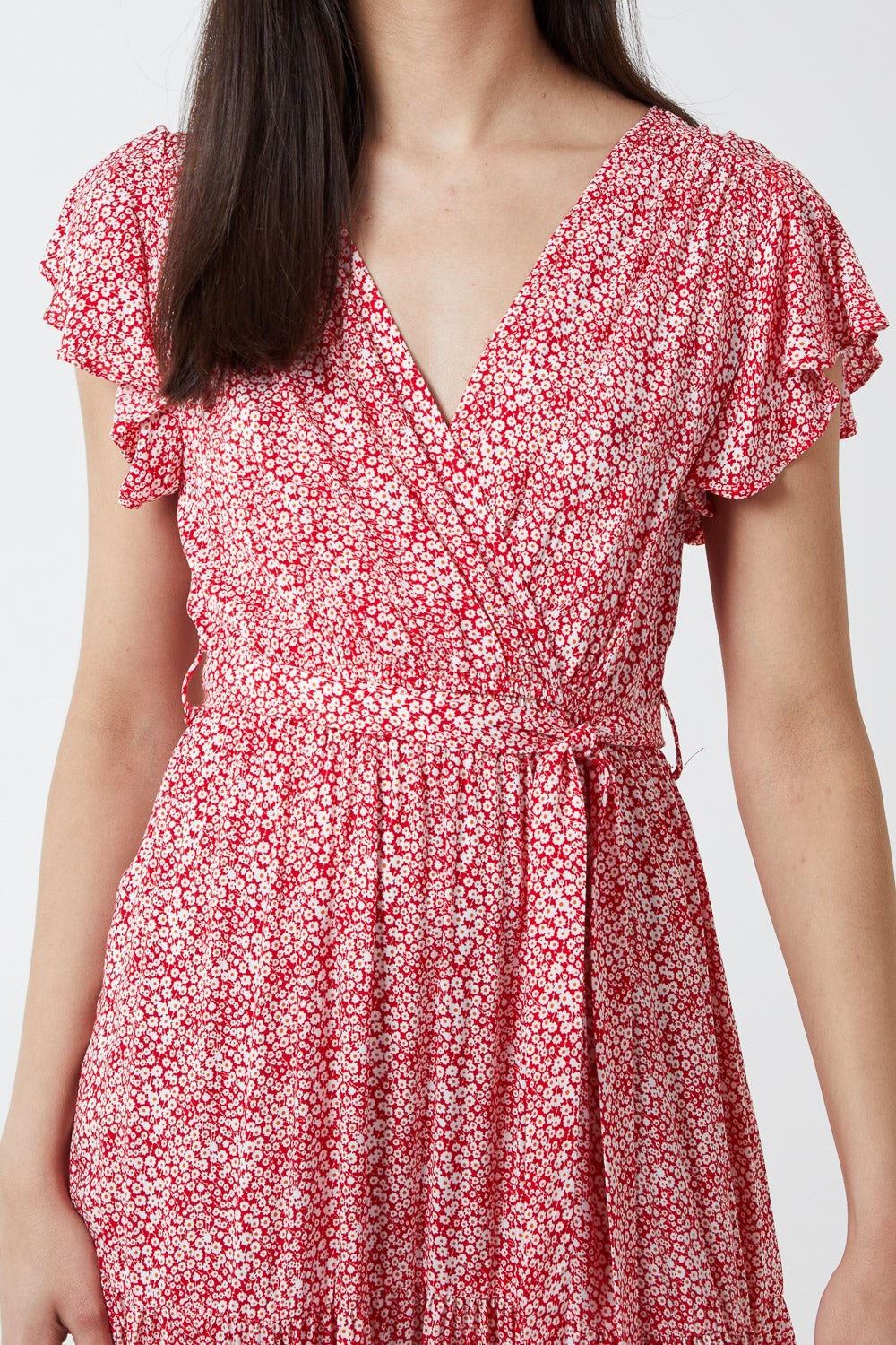 Wrap Front Frill Sleeve Tiered Maxi Dress