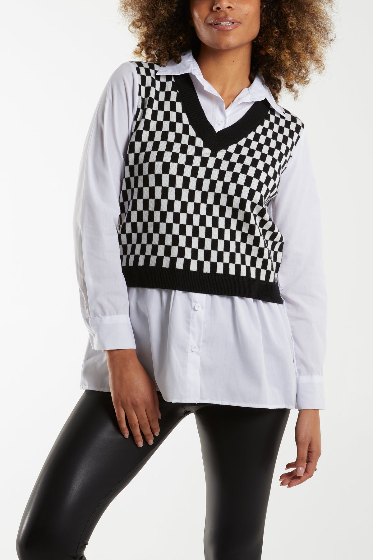 Checkerboard Knitted Vest Button Shirt