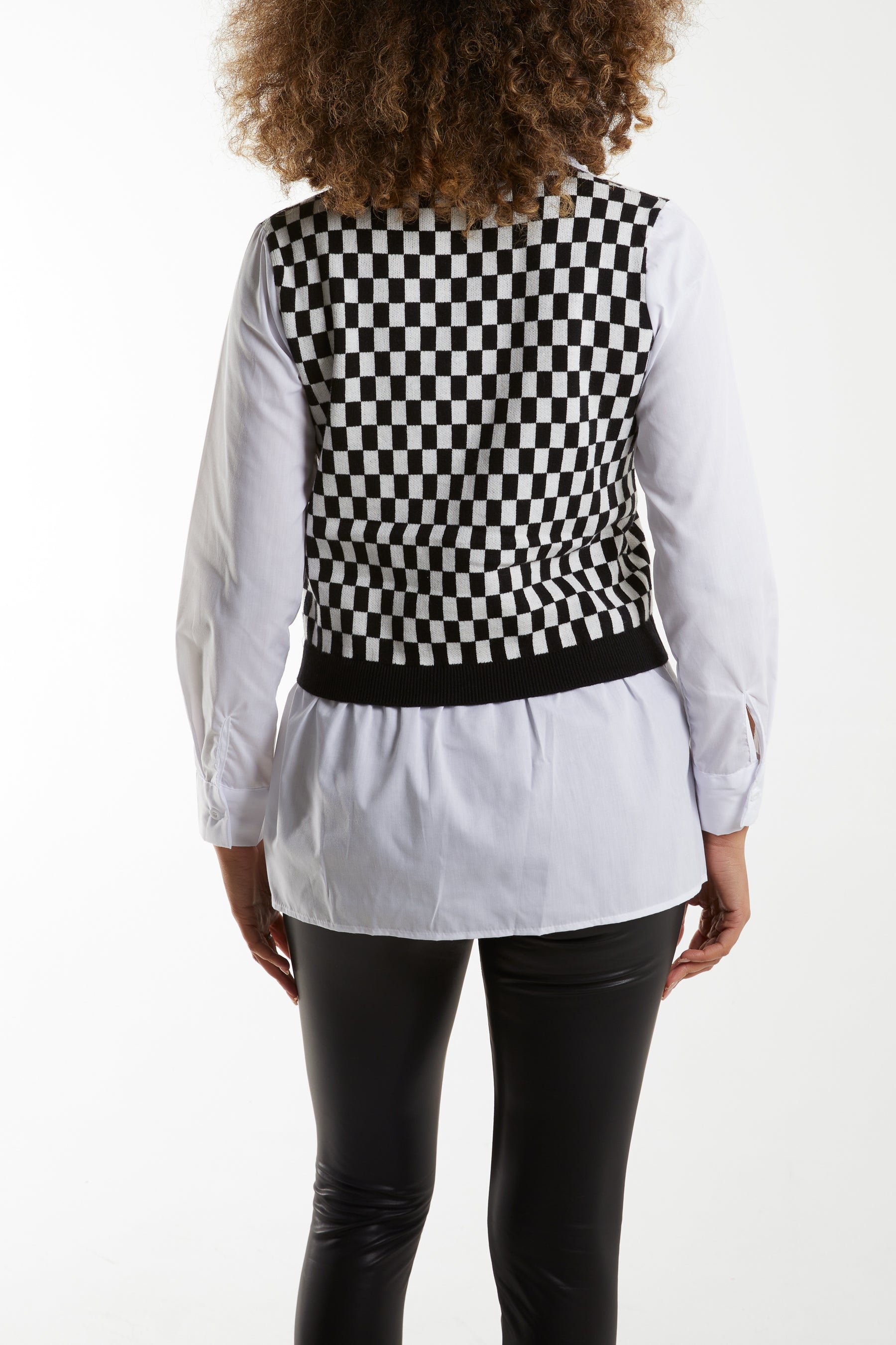 Checkerboard Knitted Vest Button Shirt