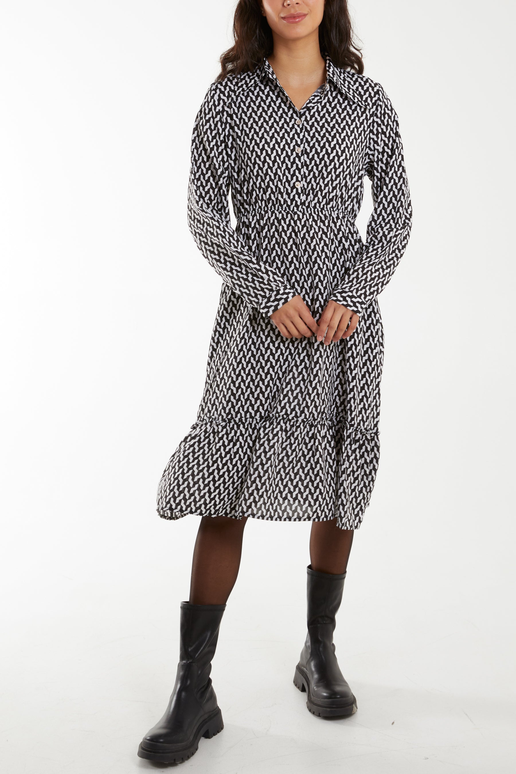 Collared Dogtooth Shirt Midi Dress
