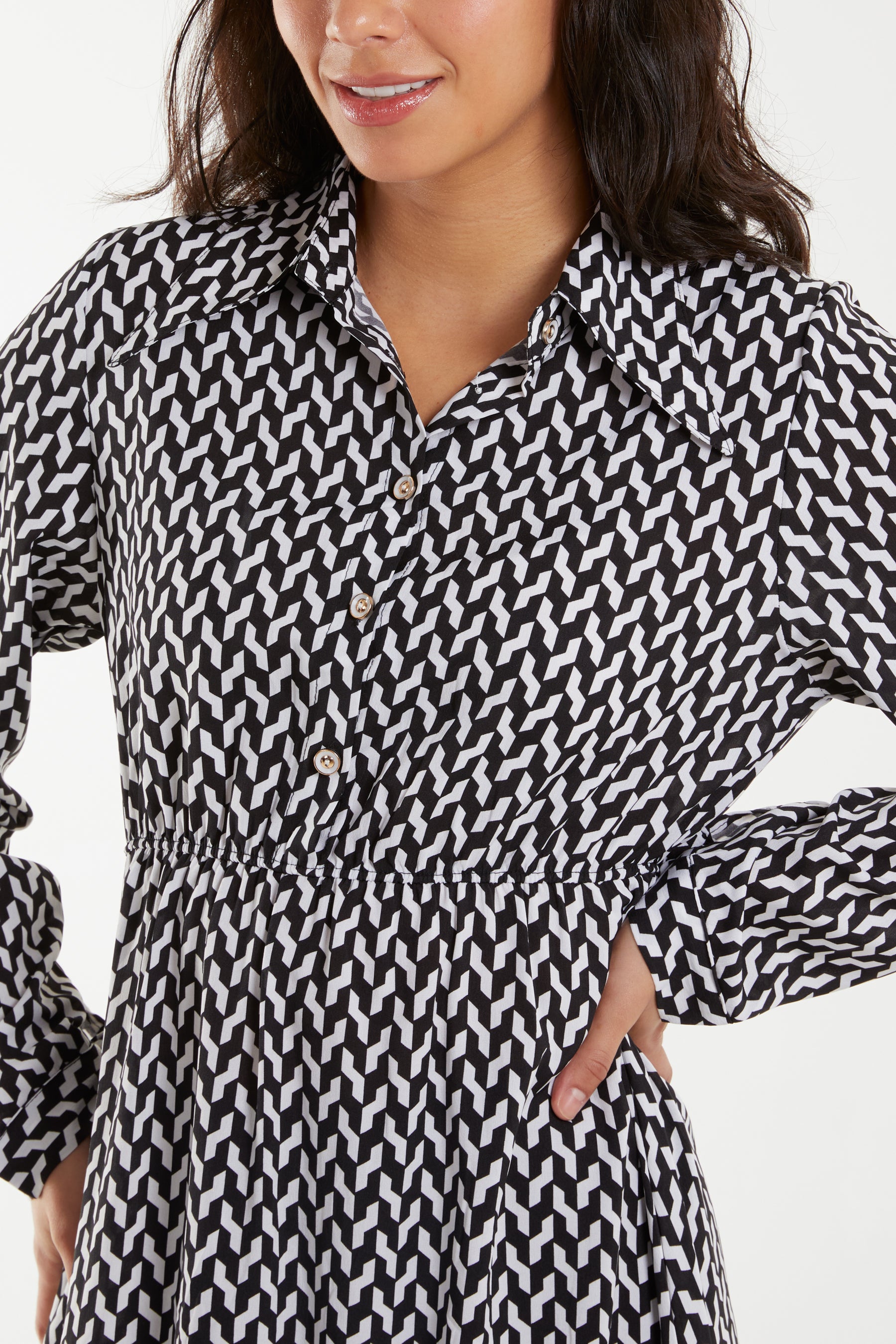 Collared Dogtooth Shirt Midi Dress