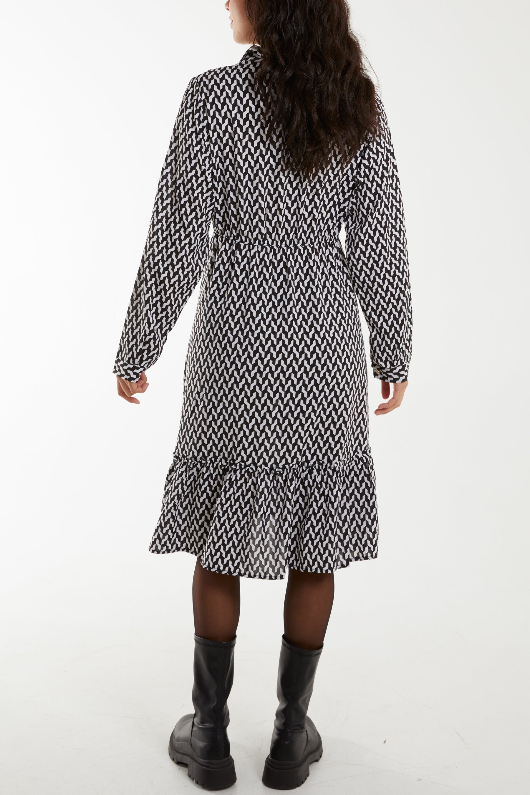 Collared Dogtooth Shirt Midi Dress