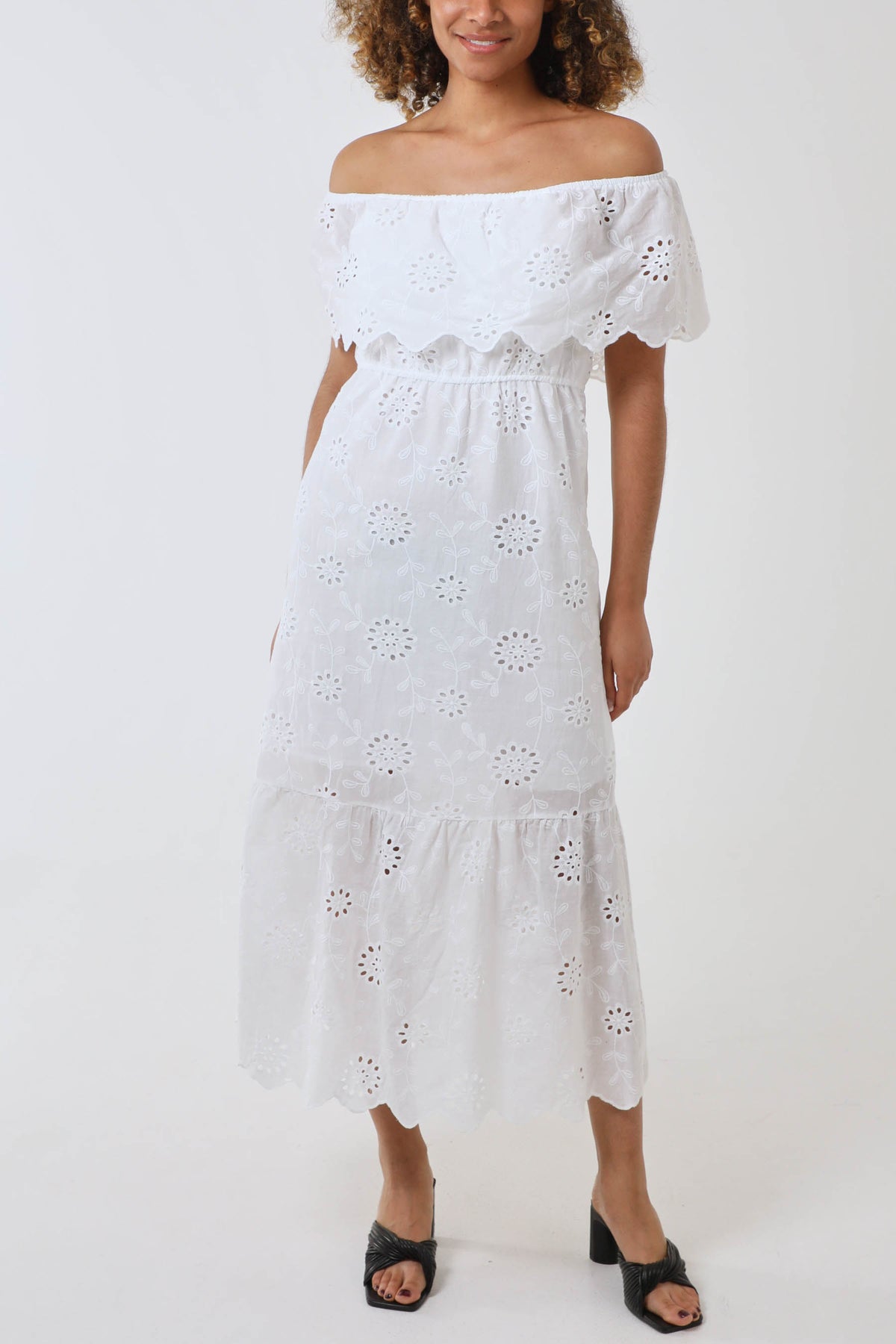 Broderie Bardot Tiered Maxi Dress