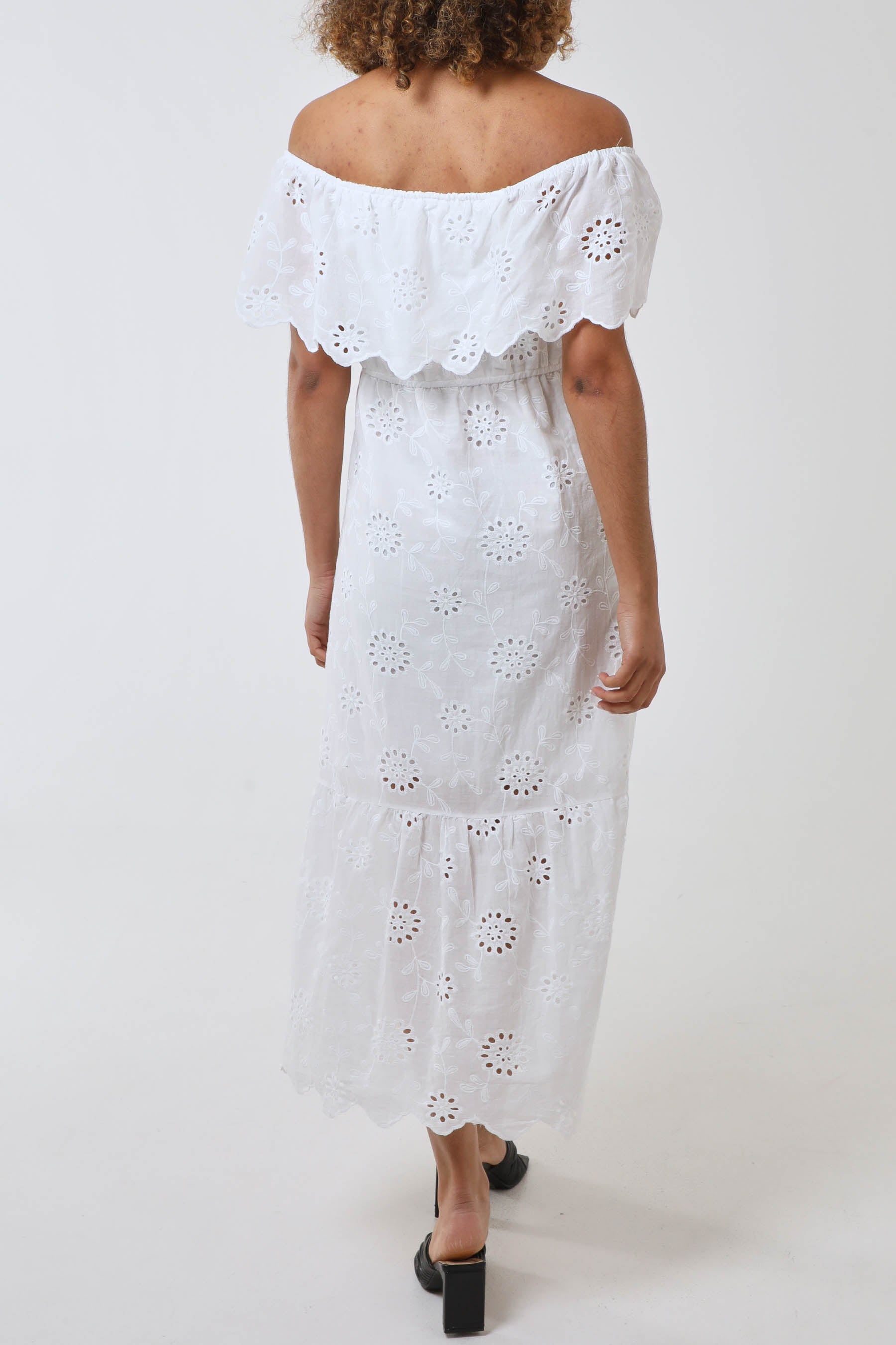 Broderie Bardot Tiered Maxi Dress