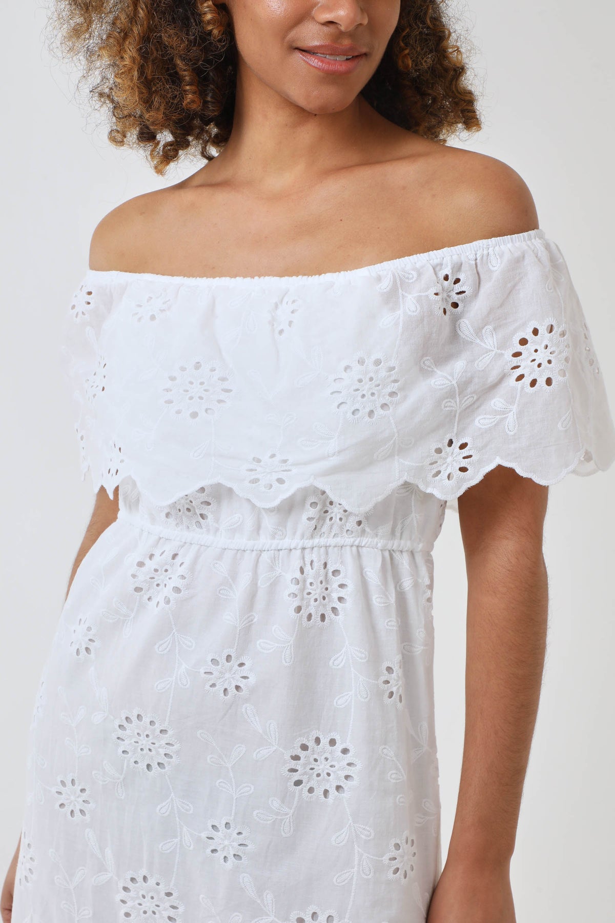 Broderie Bardot Tiered Maxi Dress