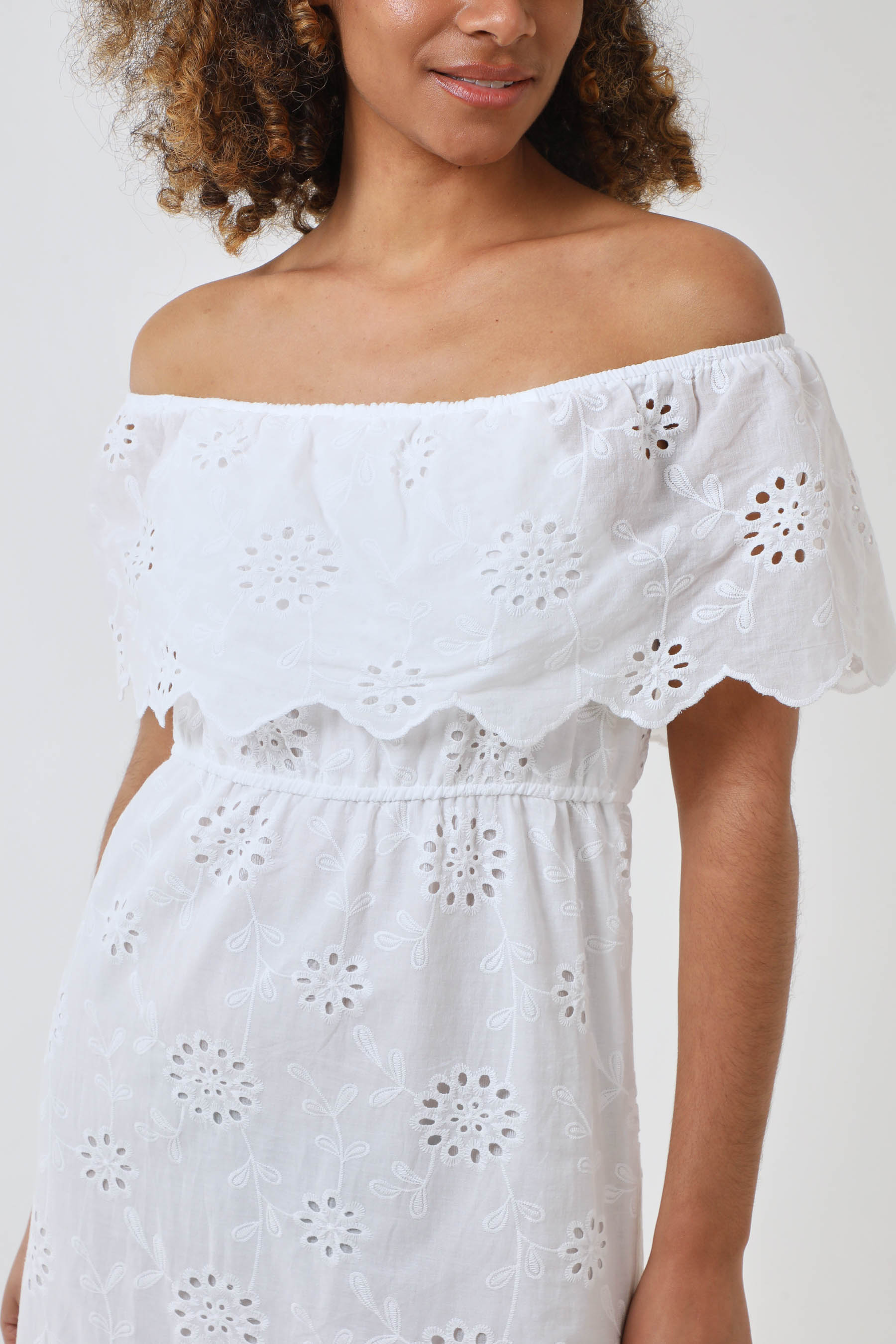 Broderie Bardot Tiered Maxi Dress
