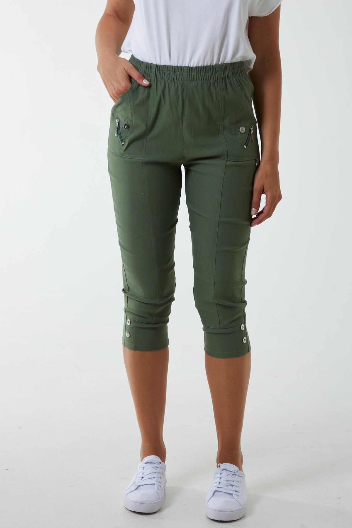 Elasticated Waist Zip Detail Crop Trouser