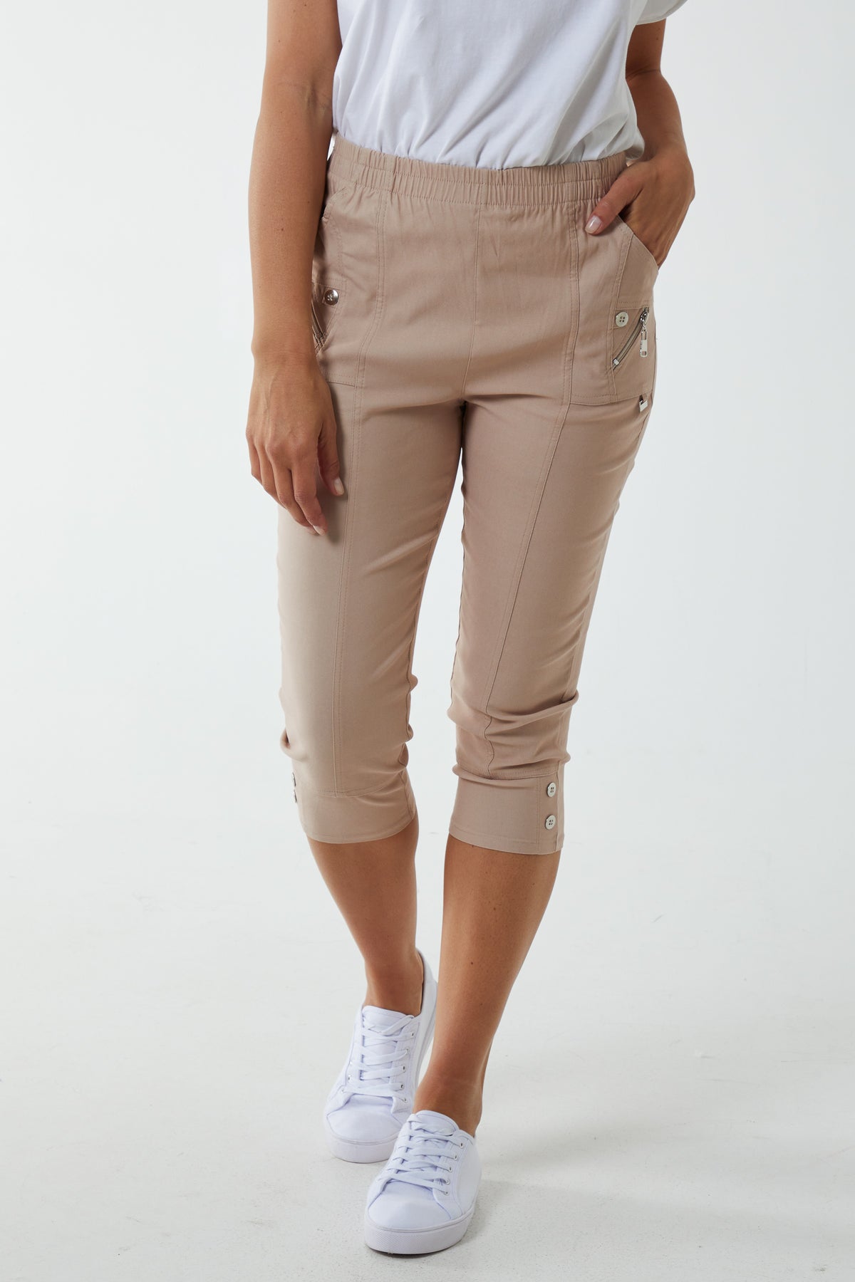 Elasticated Waist Zip Detail Crop Trouser