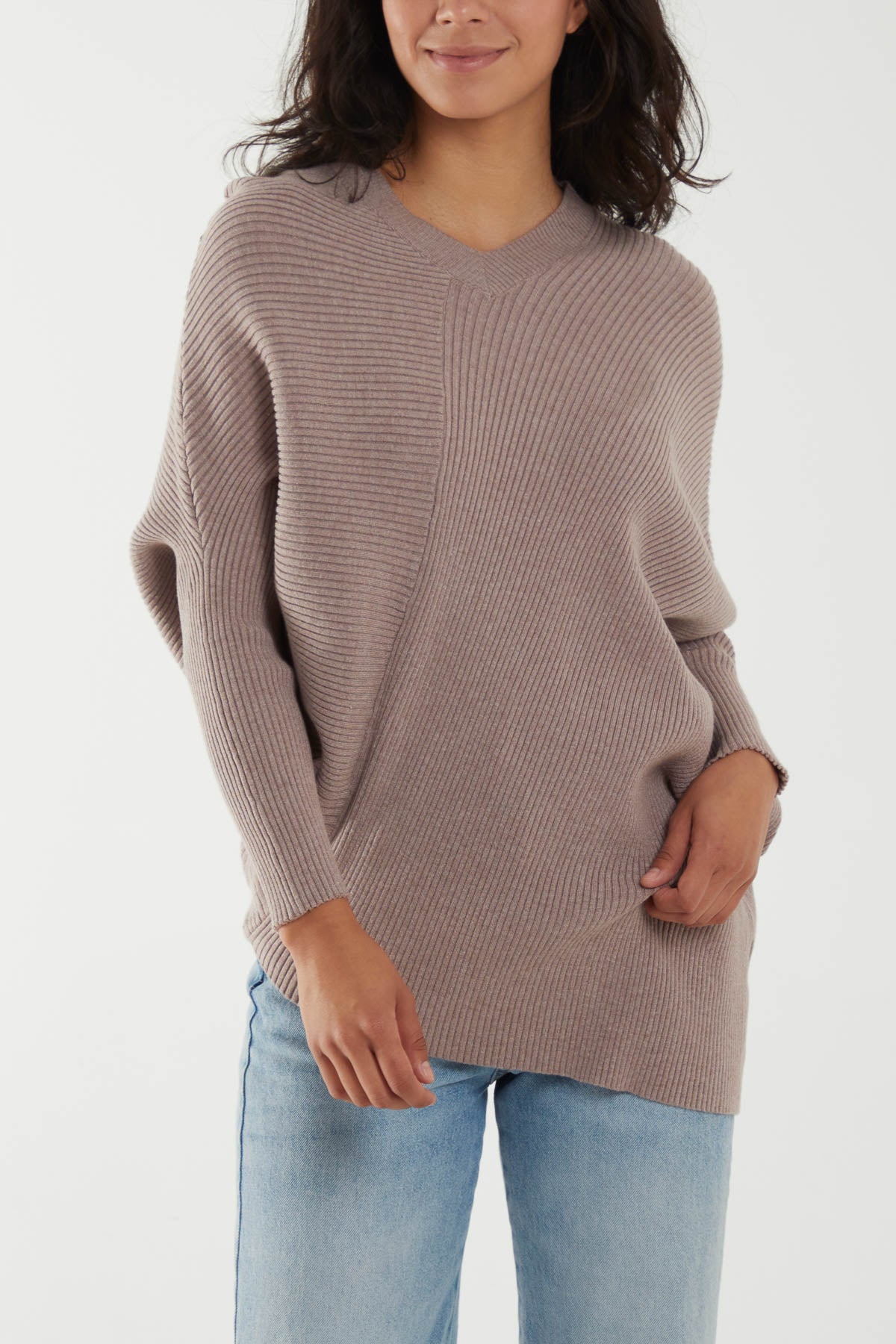 Ribbed V Neck Batwing Sleeve Jumper