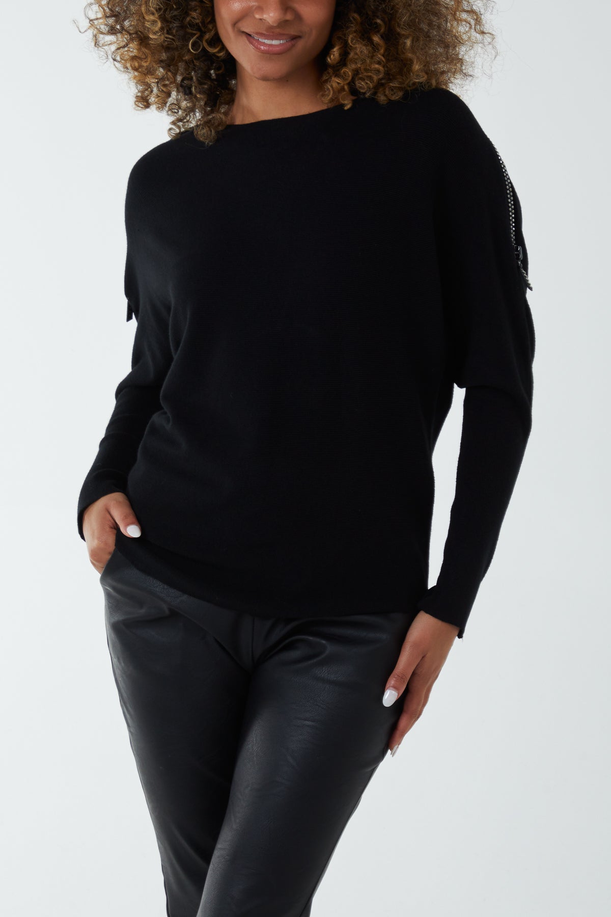 Diamante Shoulder Zip Batwing Jumper