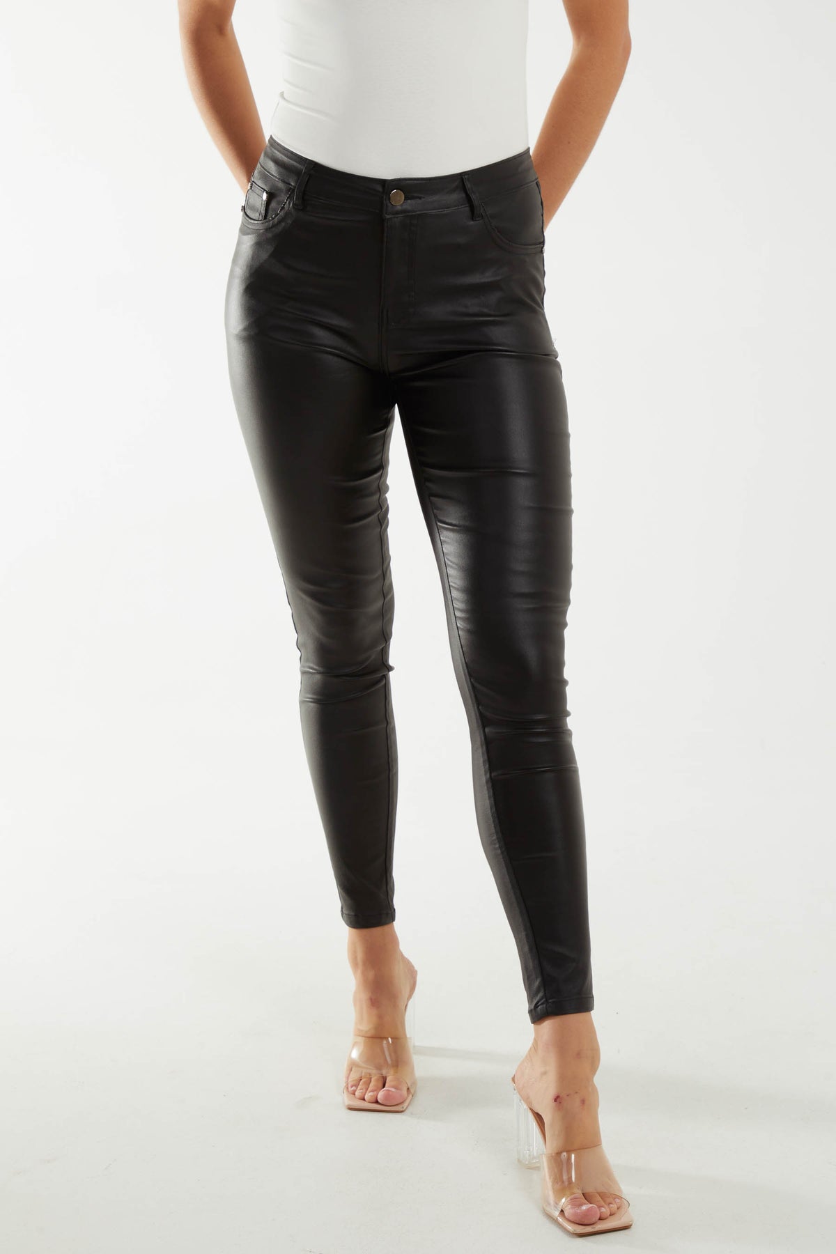 Mid Rise Faux Leather Skinny Jeans