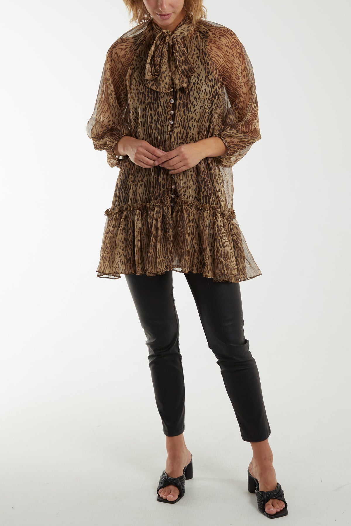 Leopard Print Sheer Frilled Hem Top