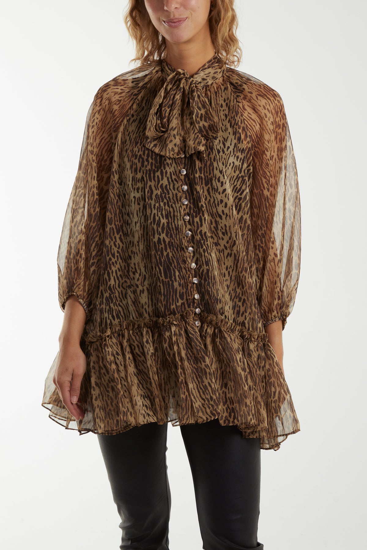 Leopard Print Sheer Frilled Hem Top