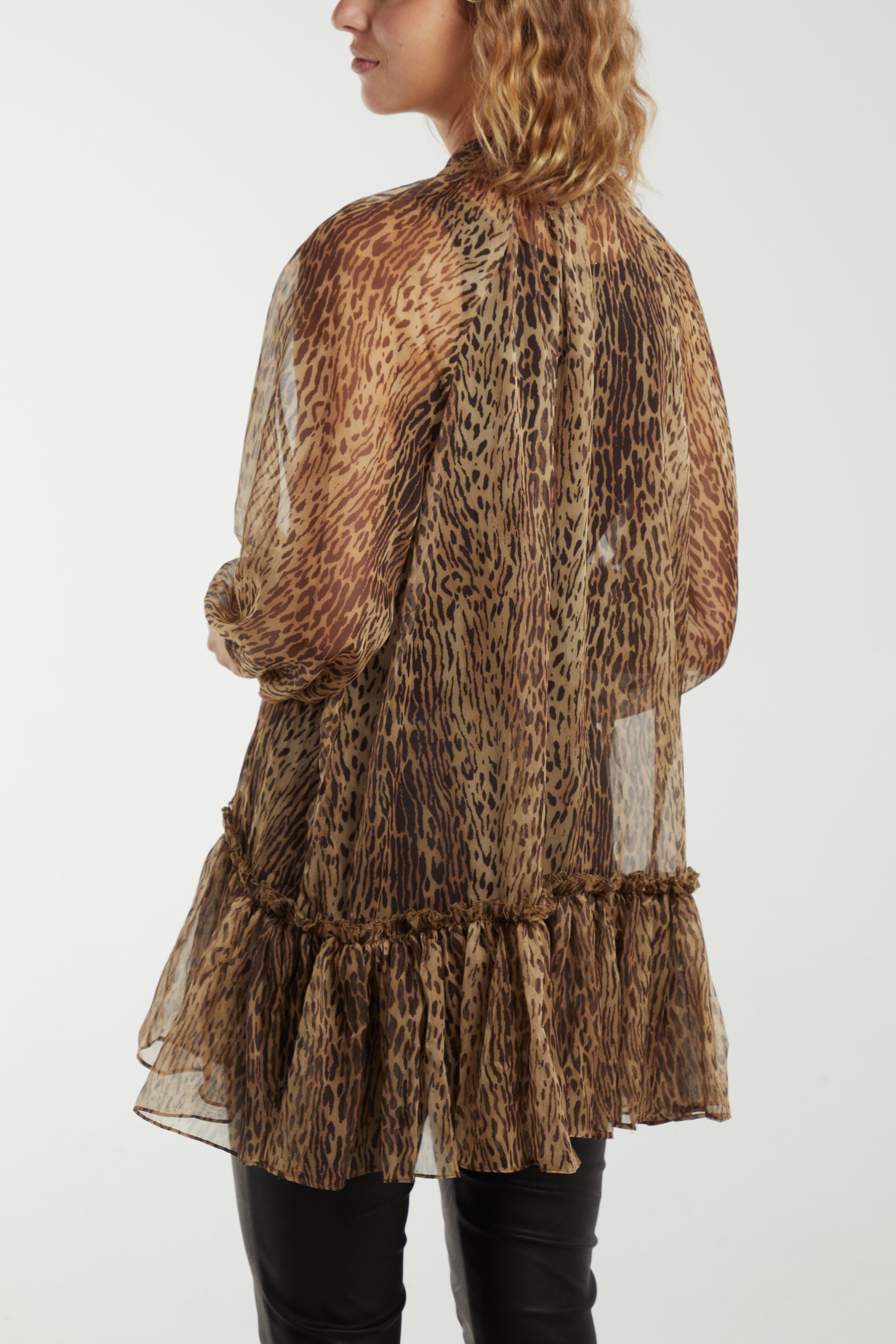 Leopard Print Sheer Frilled Hem Top