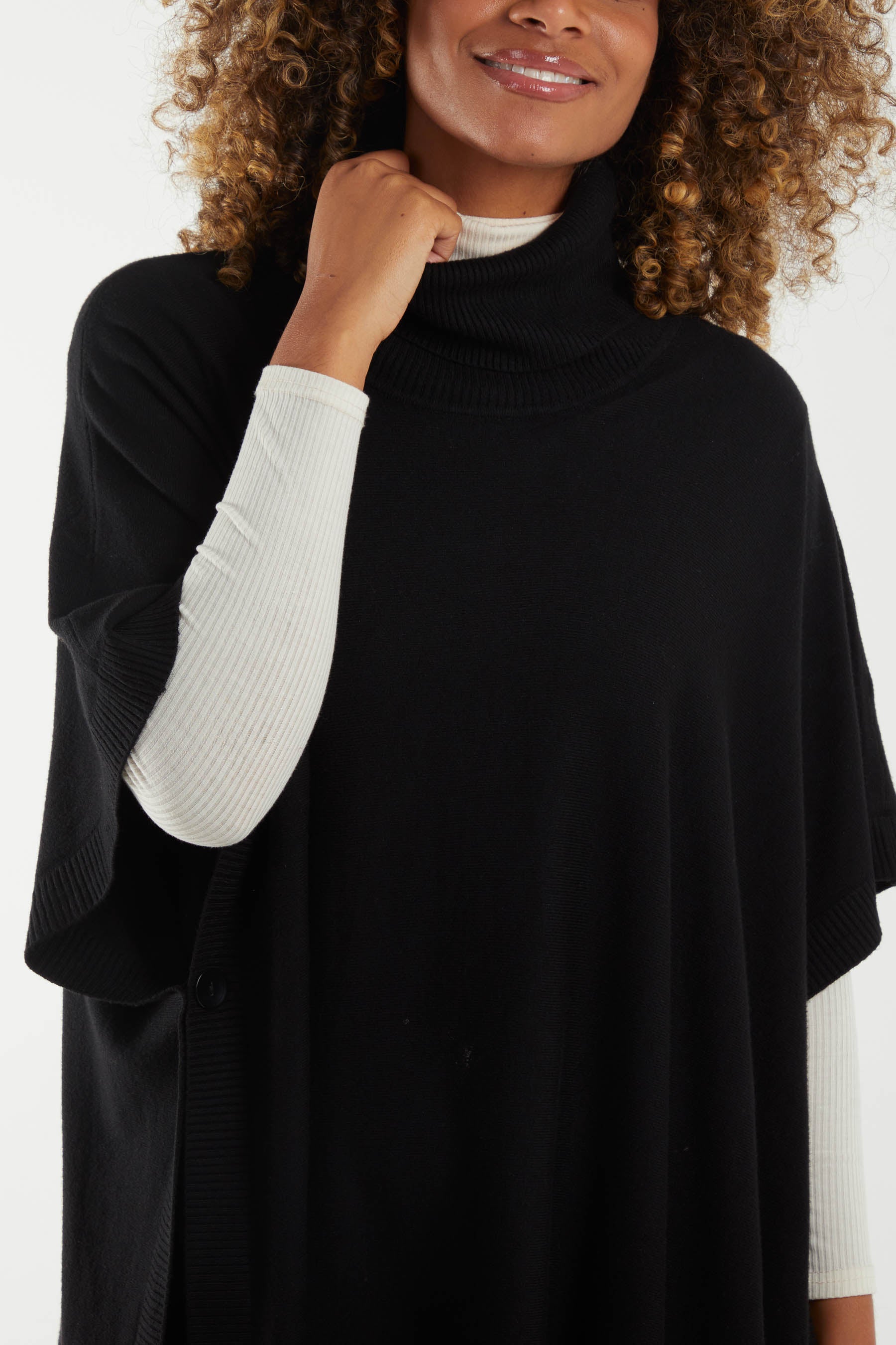 Roll Neck Button Detail Poncho