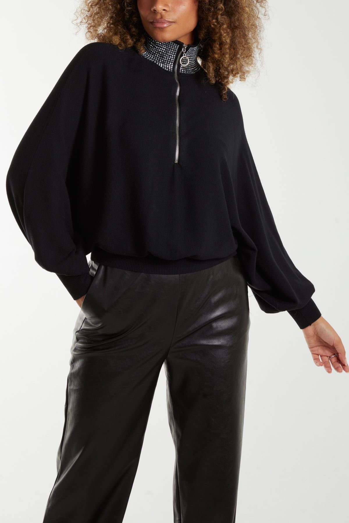High Neck Diamante Collar Zip Jumper