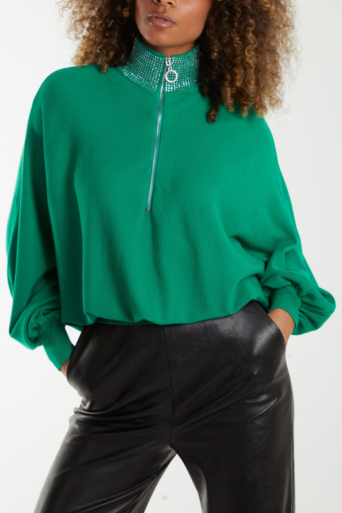 High Neck Diamante Collar Zip Jumper