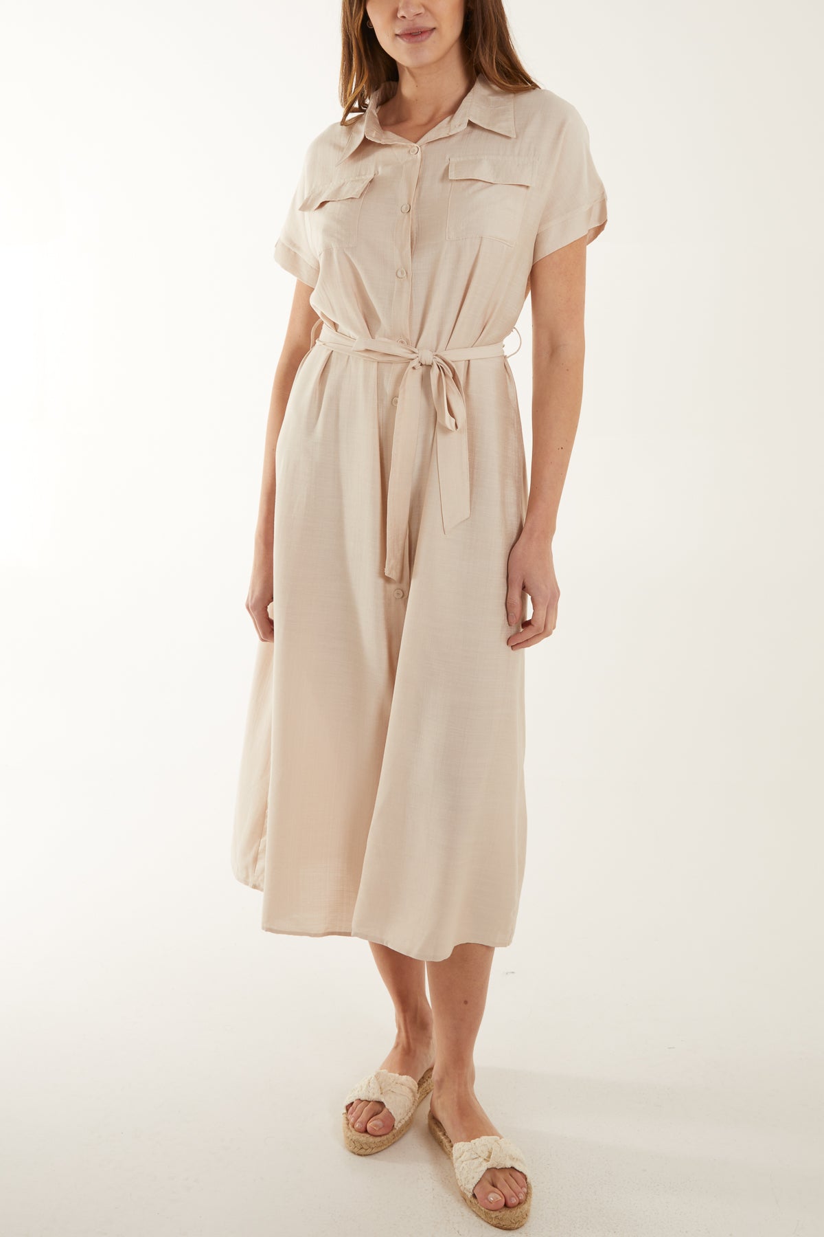 Tie Belt Shirt Midi Dress