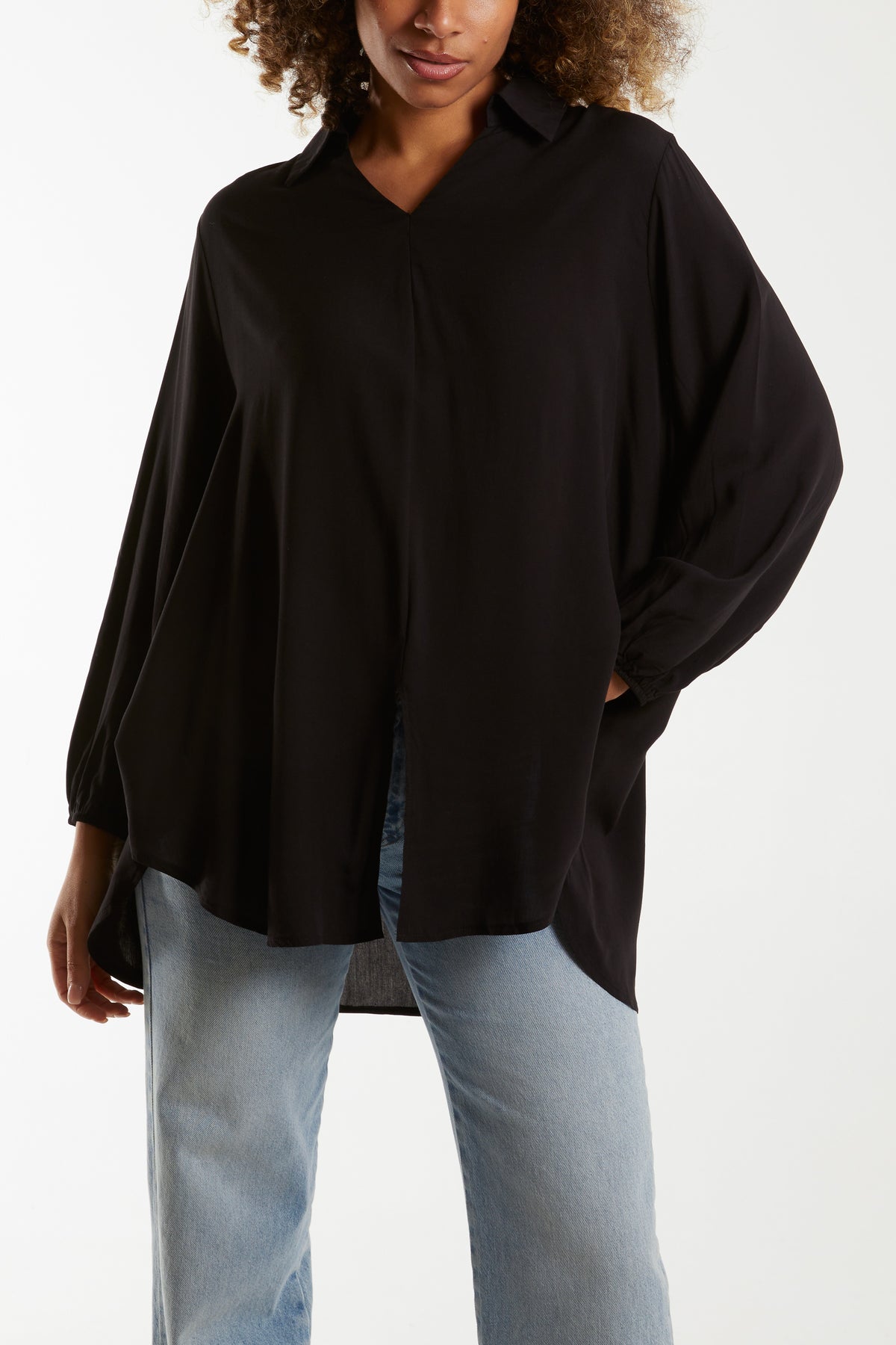 Open Collar Dip Hem Blouse