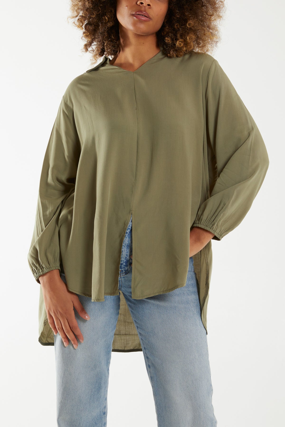 Open Collar Dip Hem Blouse