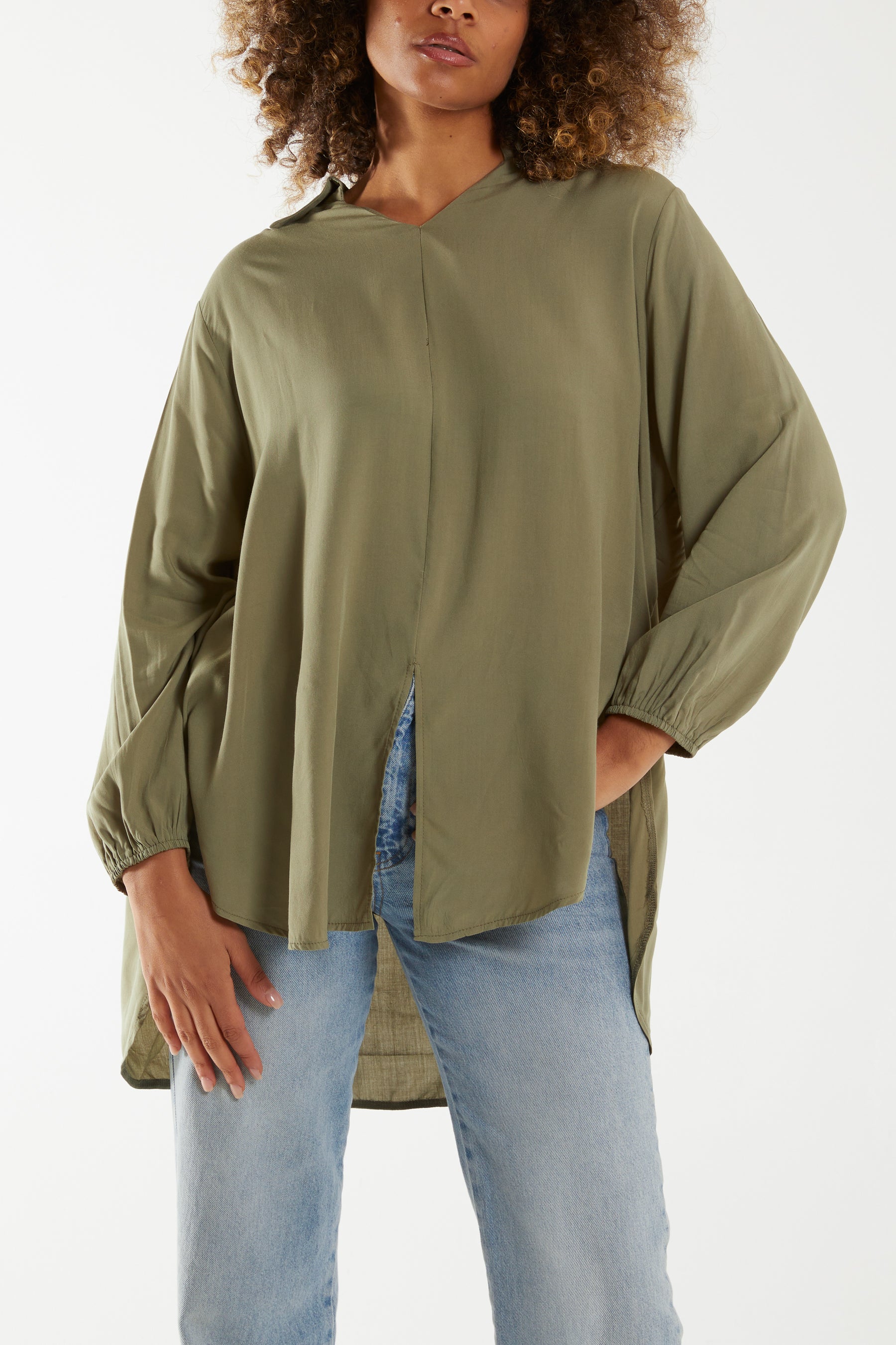 Open Collar Dip Hem Blouse